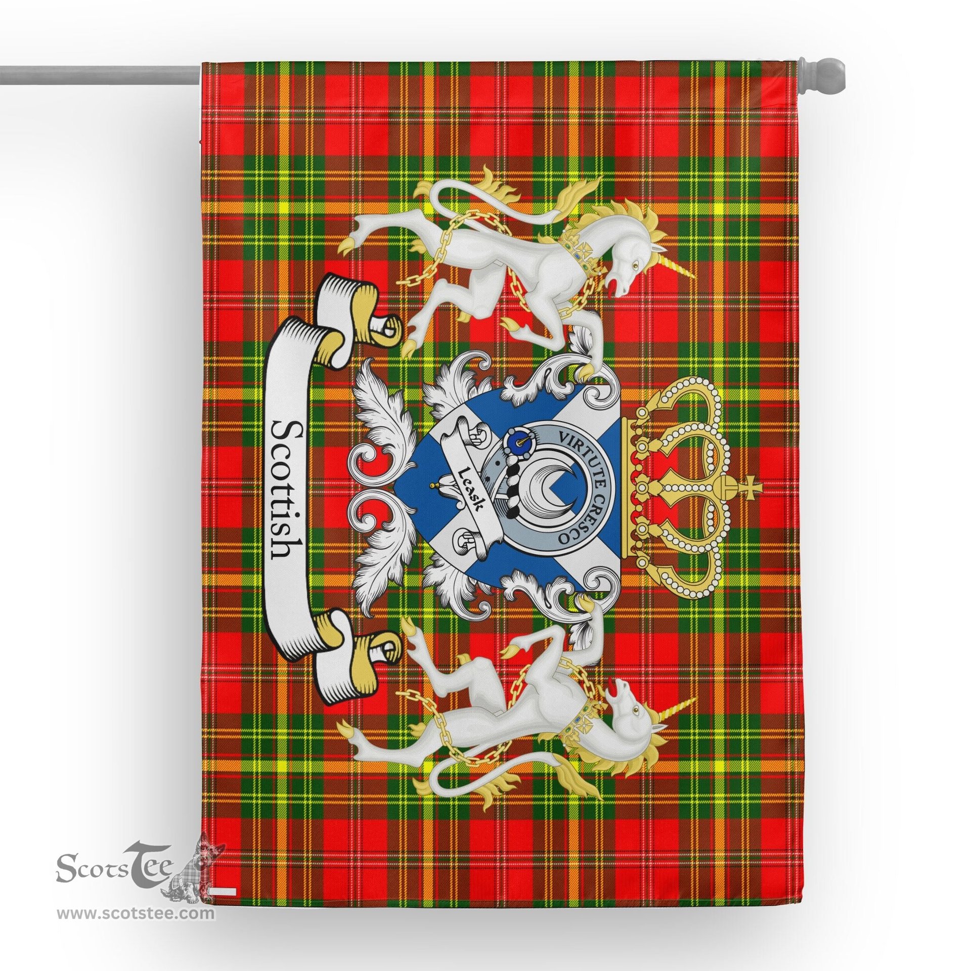 Scotstee Shop Tartan Garden Flag Leask Tartan Flag Clan Badge With Lion Scottish Tartan House Flag