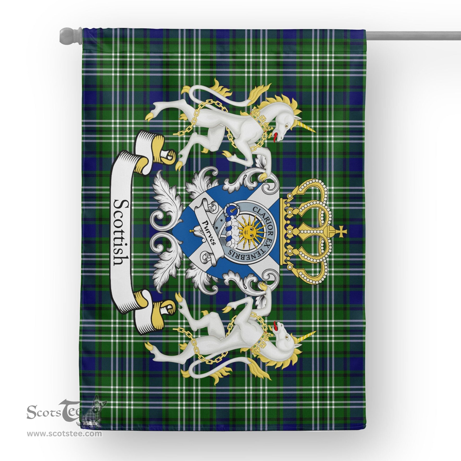 Scotstee Shop Tartan Garden Flag Purves Tartan Flag Clan Badge With Lion Scottish Tartan House Flag