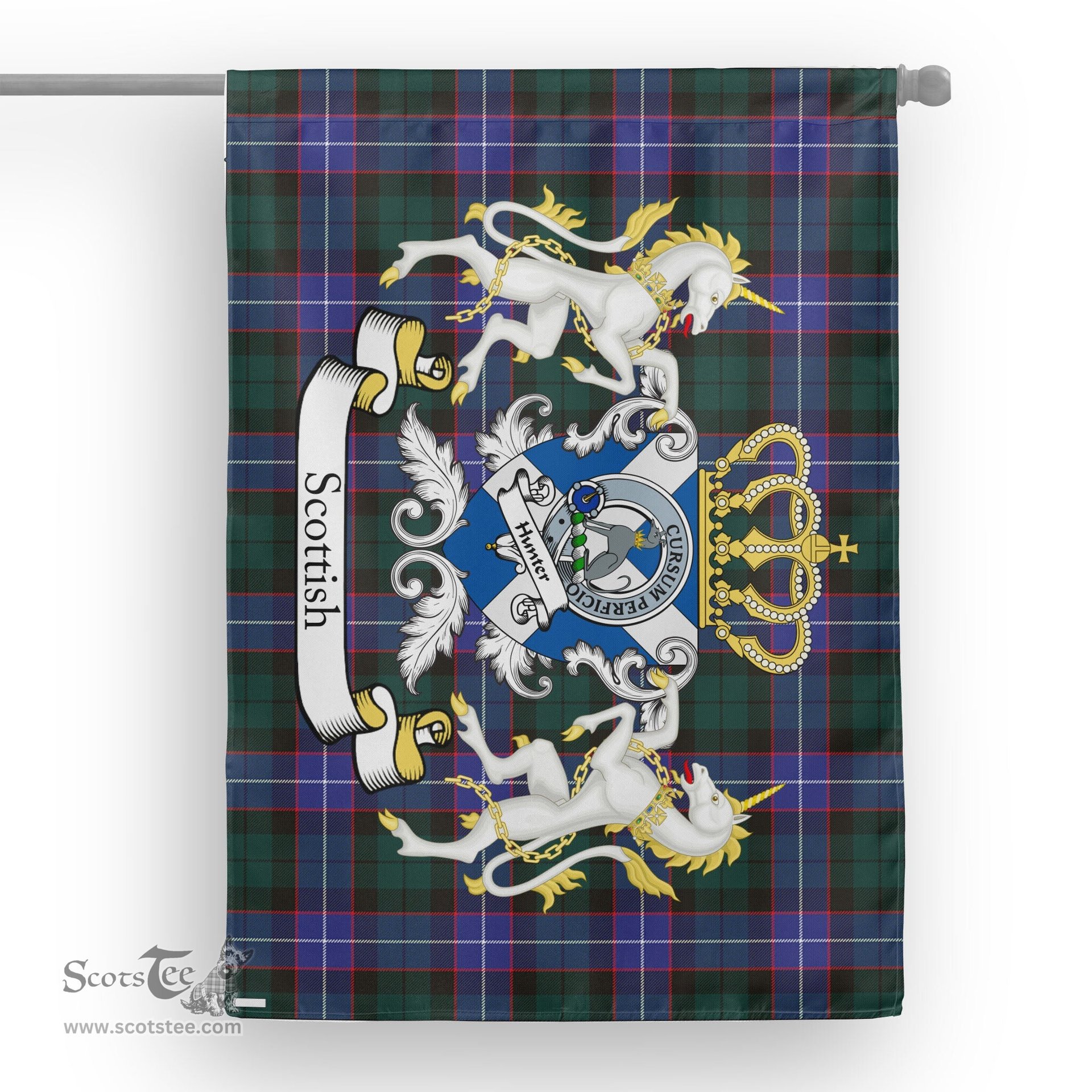 Scotstee Shop Tartan Garden Flag Hunter Tartan Flag Clan Badge With Lion Scottish Tartan House Flag