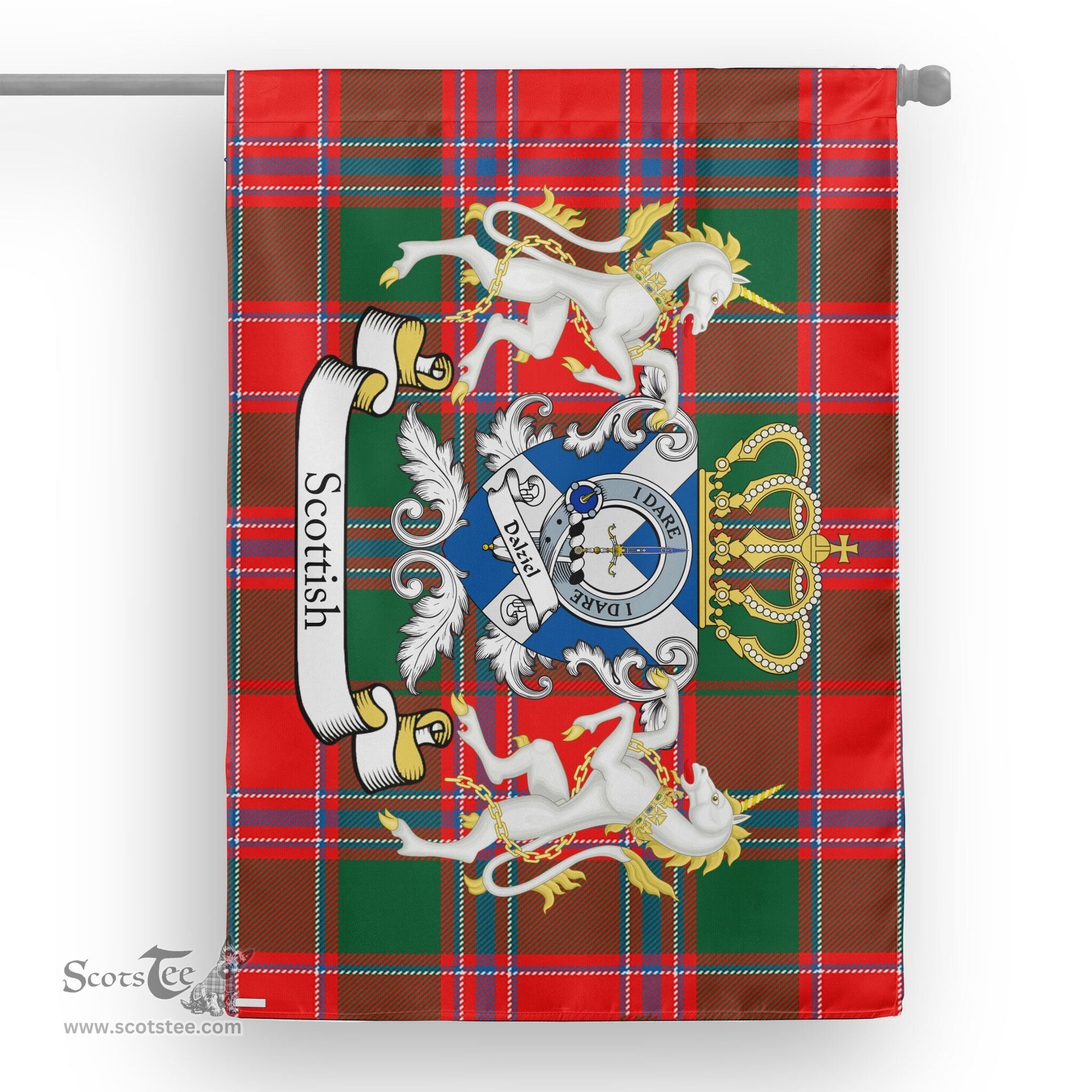 Scotstee Shop Tartan Garden Flag Dalzell Tartan Flag Clan Badge With Lion Scottish Tartan House Flag