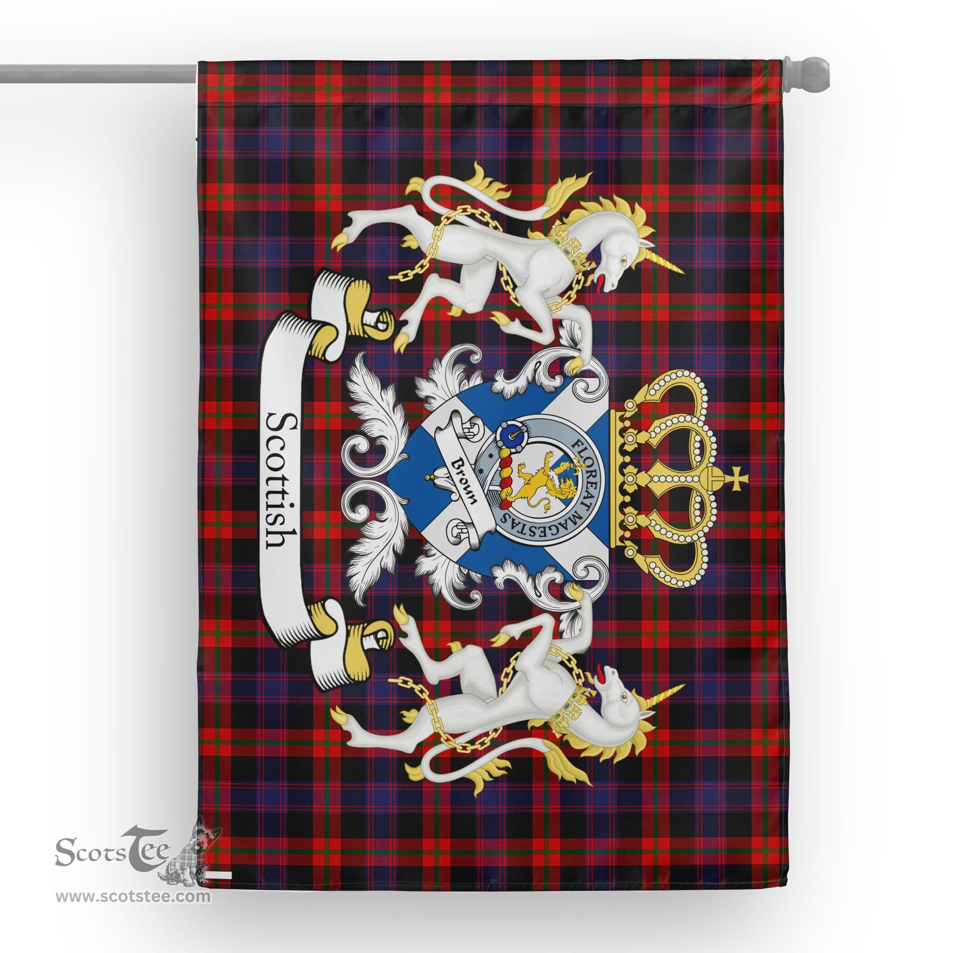 Scotstee Shop Tartan Garden Flag Broun Tartan Flag Clan Badge With Lion Scottish Tartan House Flag