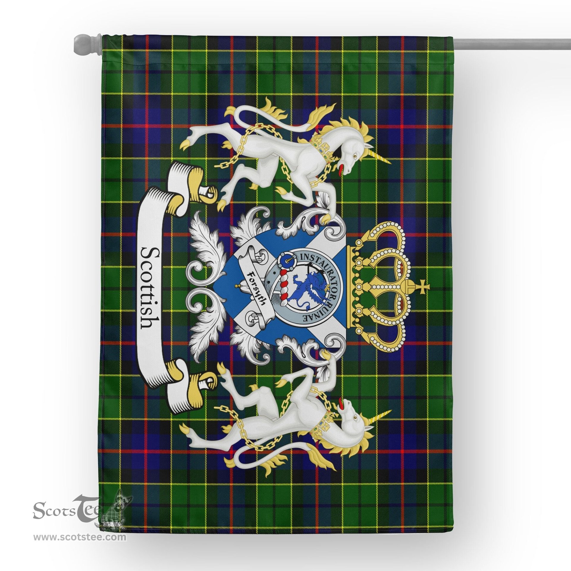 Scotstee Shop Tartan Garden Flag Forsyth Tartan Flag Clan Badge With Lion Scottish Tartan House Flag