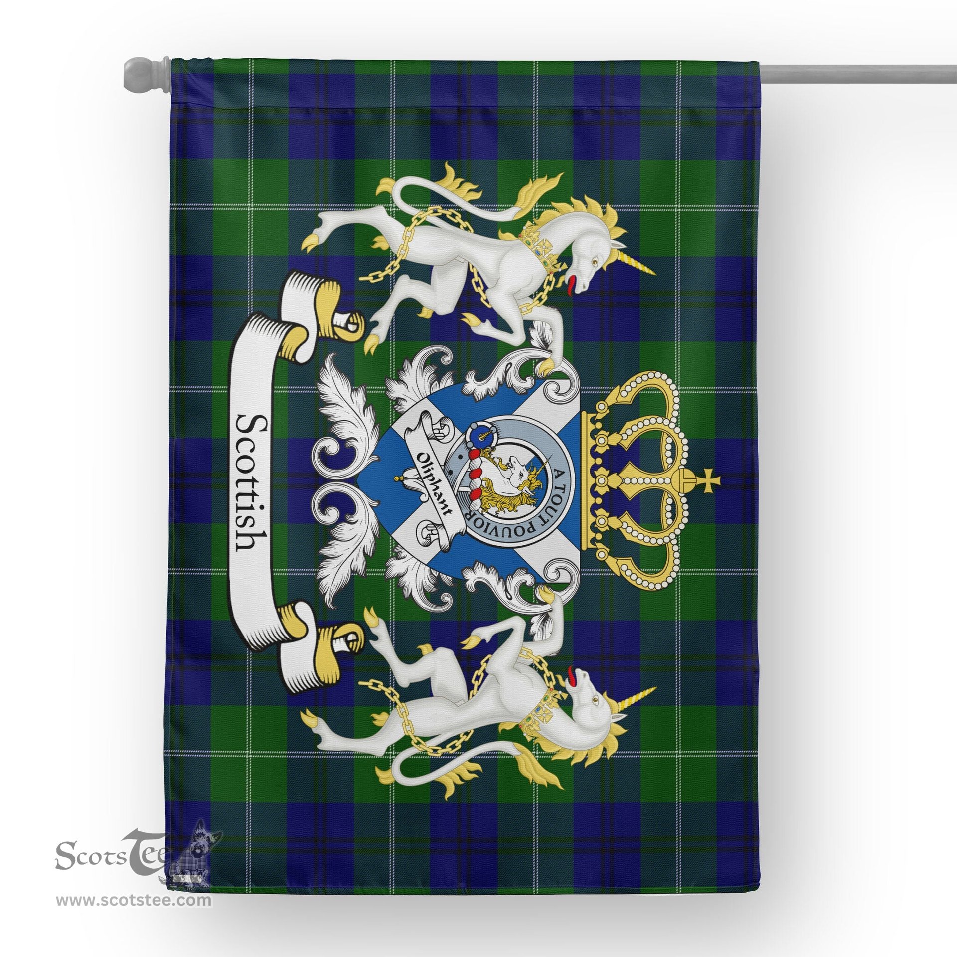 Scotstee Shop Tartan Garden Flag Oliphant Tartan Flag Clan Badge With Lion Scottish Tartan House Flag