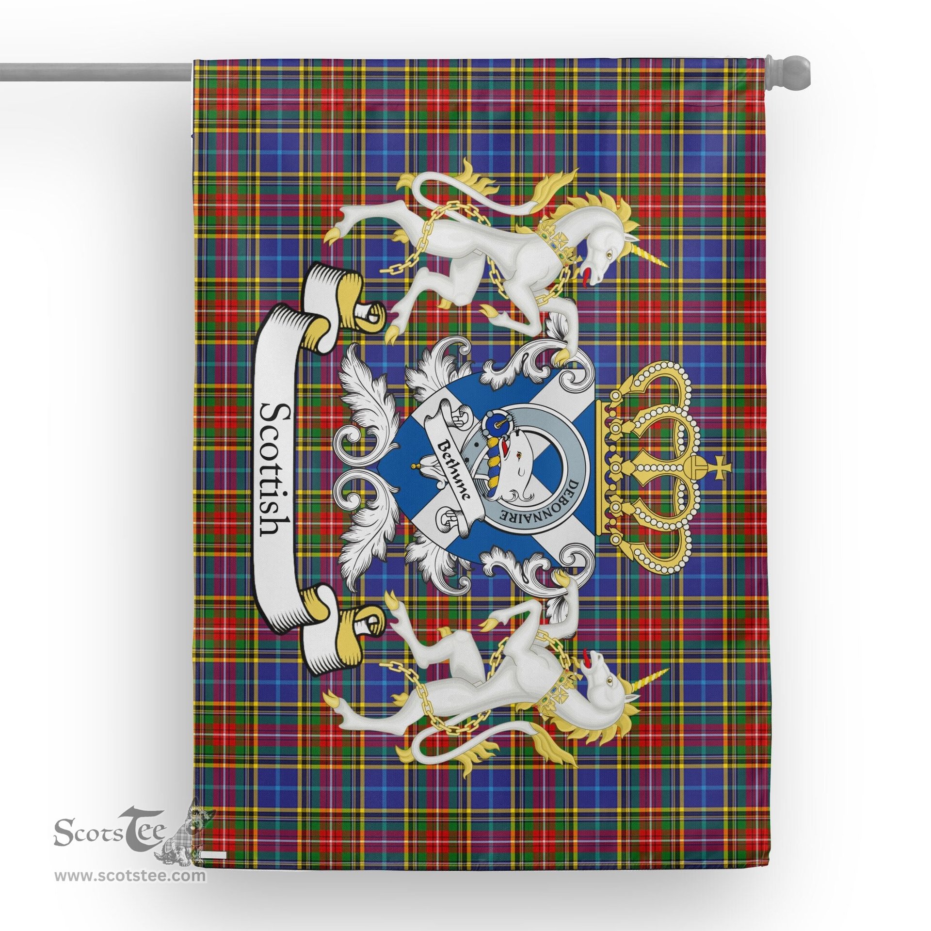 Scotstee Shop Tartan Garden Flag Bethune Tartan Flag Clan Badge With Lion Scottish Tartan House Flag