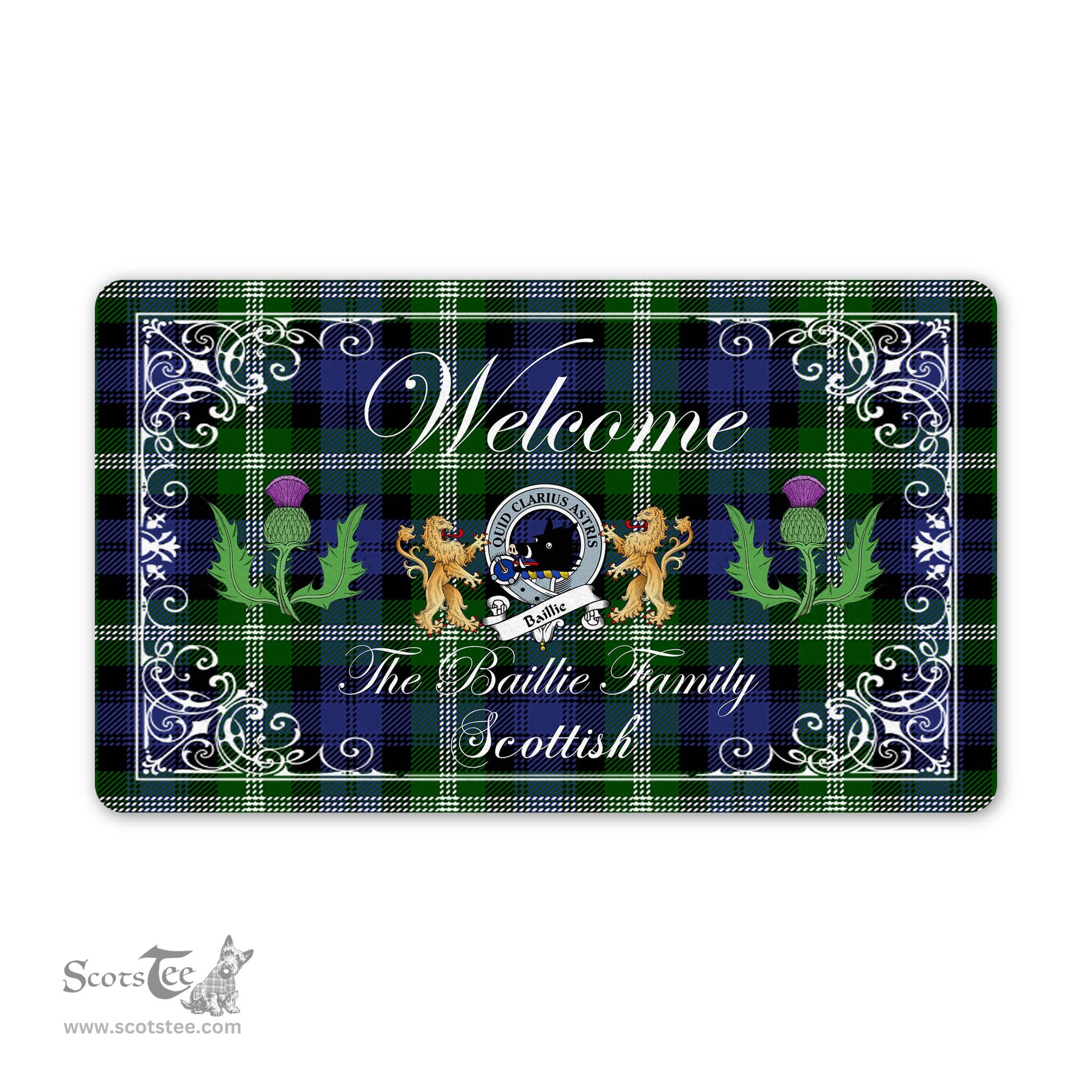 ScotsTee - Doormat - Welcome Mat Scottish Clan Badge Baillie Tartan Door Mat, Plaid Doormat With Thistle and Two Lion Scottish