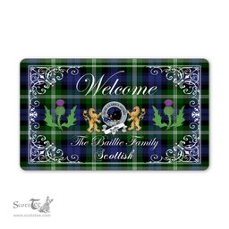 ScotsTee - Doormat - Welcome Mat Scottish Clan Badge Baillie Tartan Door Mat, Plaid Doormat With Thistle and Two Lion Scottish