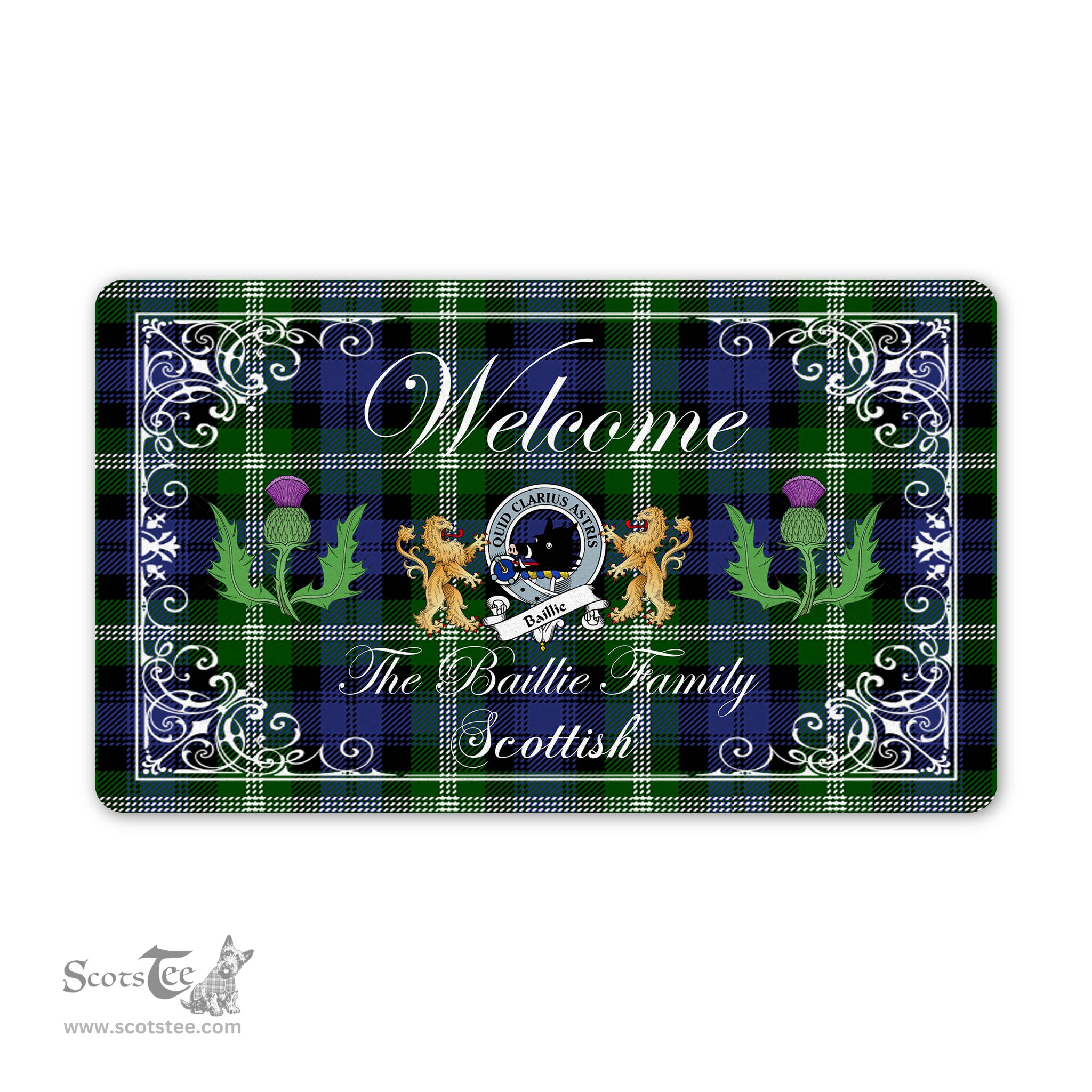 ScotsTee - Doormat - Welcome Mat Scottish Clan Badge Baillie Tartan Door Mat, Plaid Doormat With Thistle and Two Lion Scottish