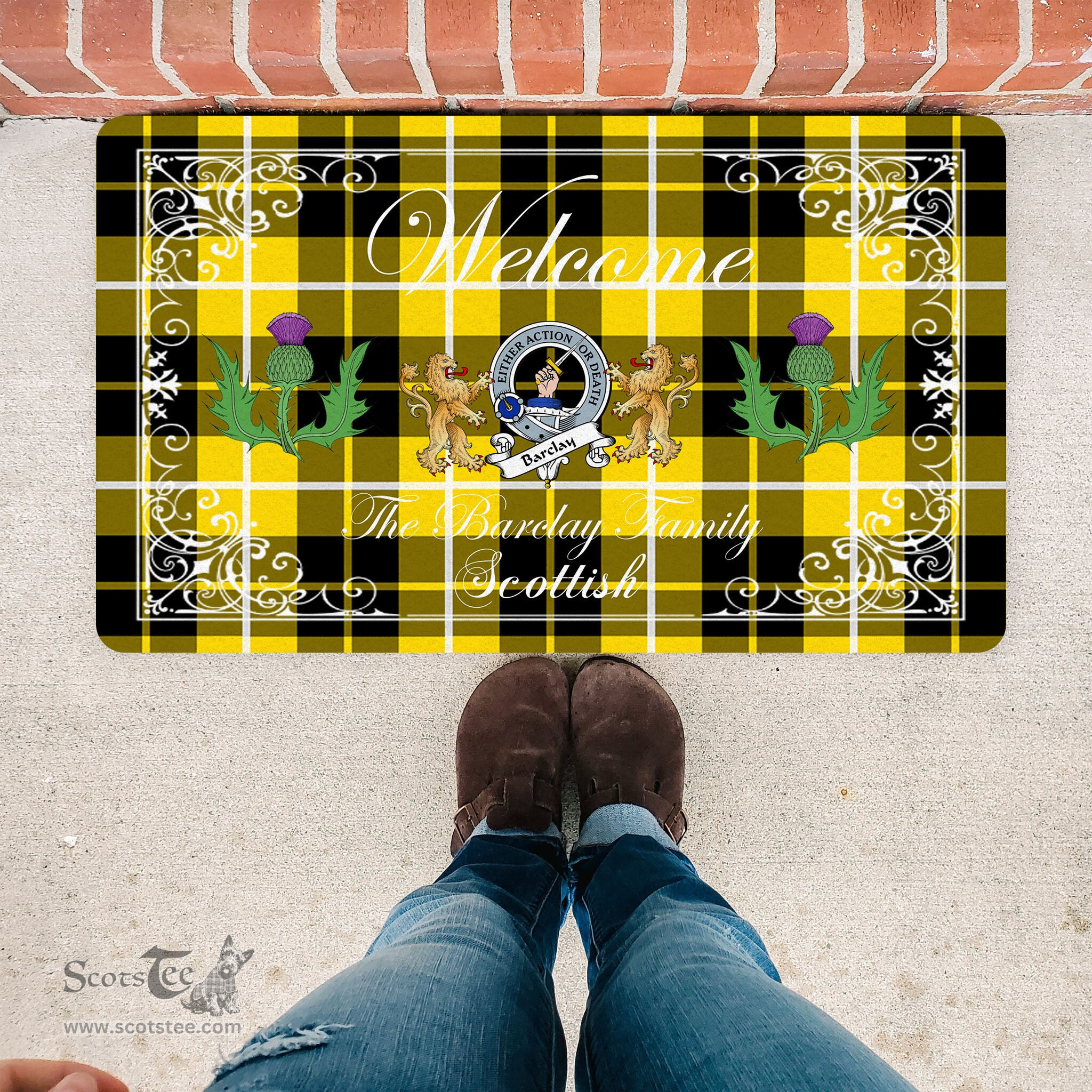 Scotstee Shop - Doormat - Welcome Mat Scottish Clan Badge Barclay Tartan Door Mat, Plaid Doormat With Thistle and Two Lion Scottish