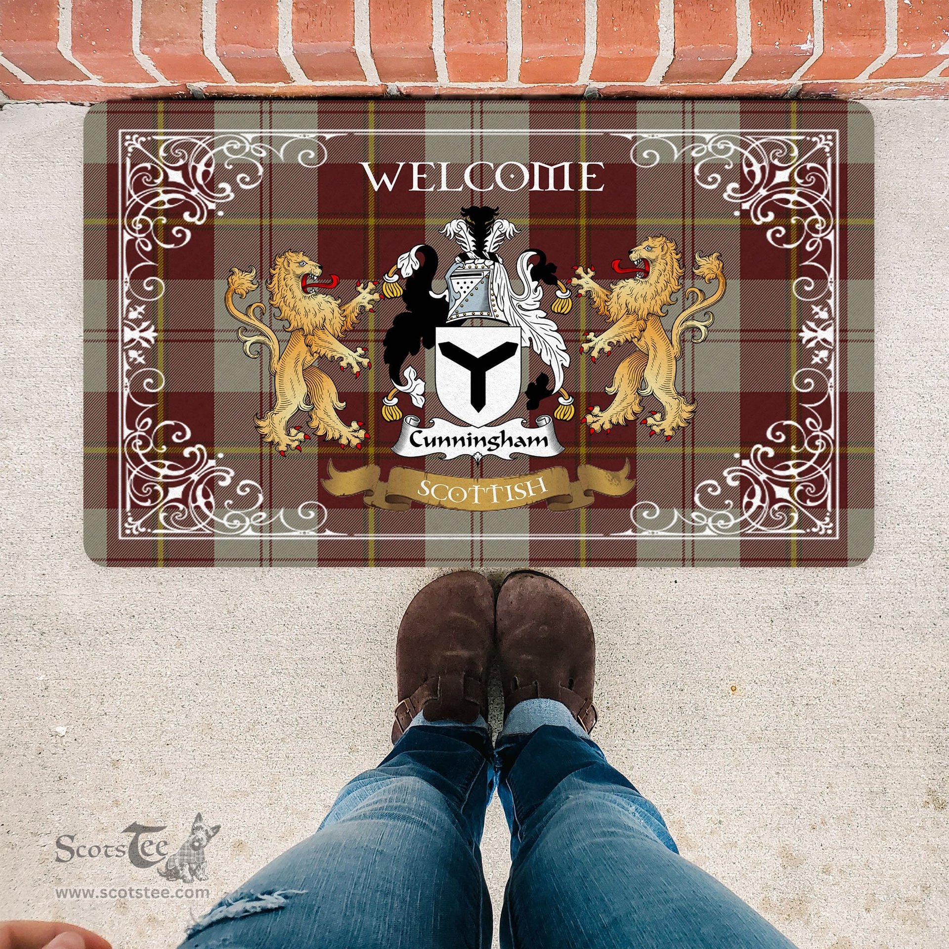Personalized Doormat, Custom Door Mats, Tartan Door Mat The Family Cunningham Burgundy Dancers Welcome Mat, Plaid Doormat Scottish, Custom Welcome Mats, Personalized Door Mat