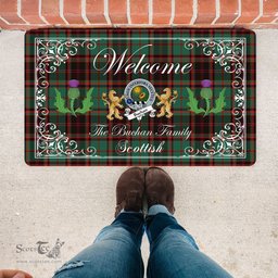 Personalized Doormat, Custom Door Mats, Welcome Mat Scottish Clan Badge Buchan Ancient Tartan Door Mat, Plaid Doormat With Thistle and Two Lion Scottish, Custom Welcome Mats, Personalized Door Mat
