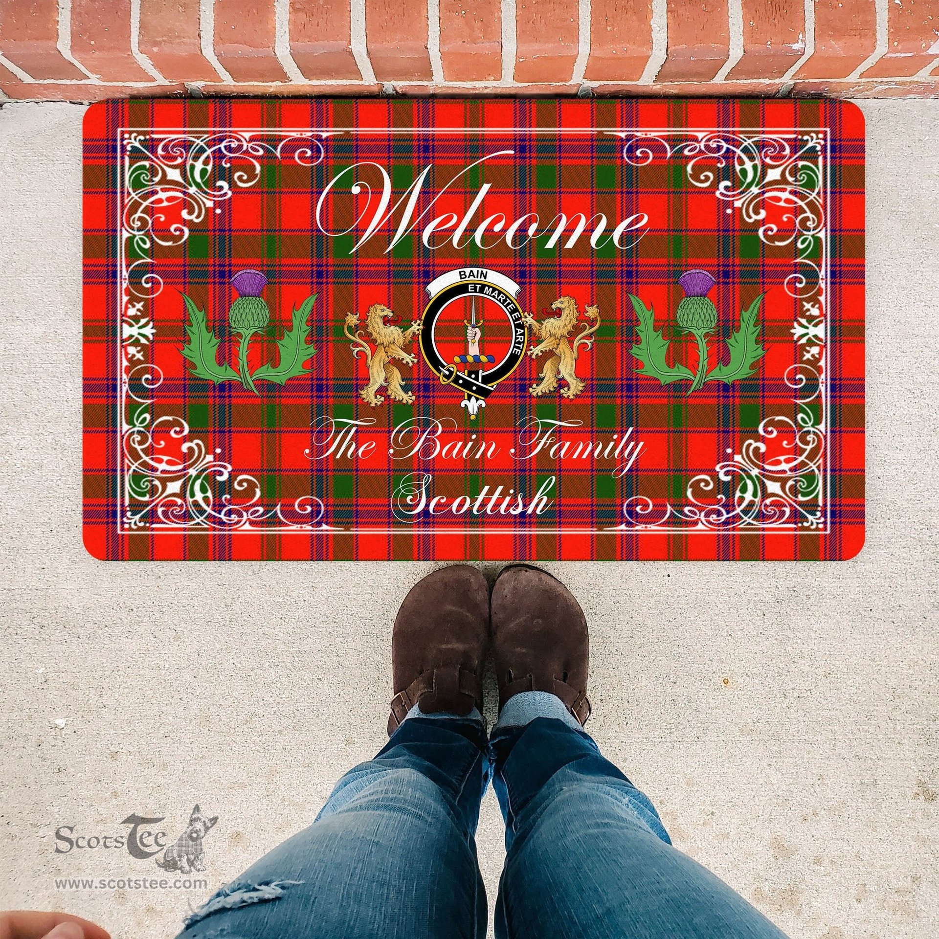 Personalized Doormat, Custom Door Mats, Welcome Mat Scottish Clan Bain Tartan Door Mat, Plaid Doormat With Thistle and Two Lion Scottish, Custom Welcome Mats, Personalized Door Mat