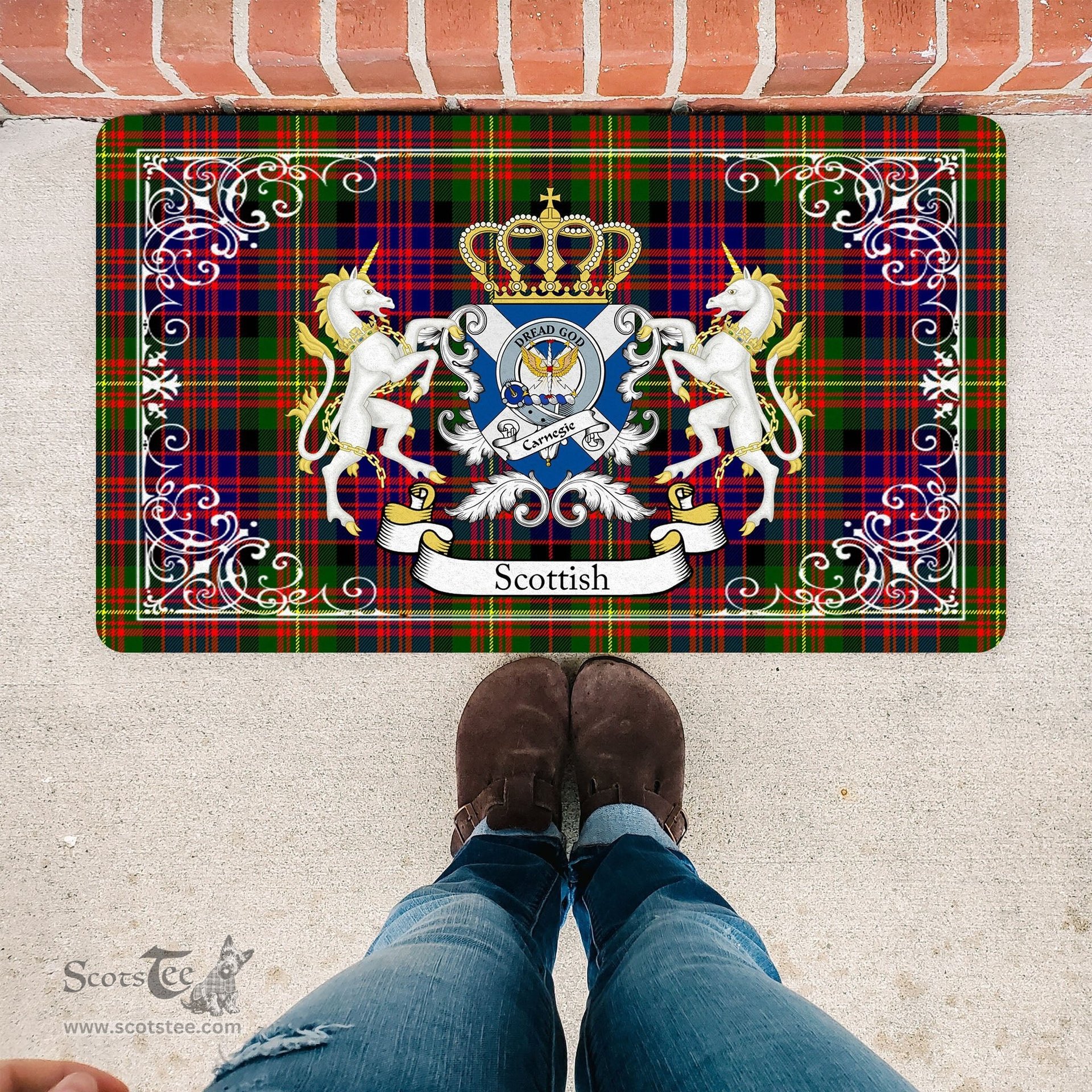 Scotstee Shop Tartan Door Mat Scottish Carnegie Modern Clan Badge Tartan Door Mat, Plaid Doormat, Custom Welcome Mats, Personalized Door Mat