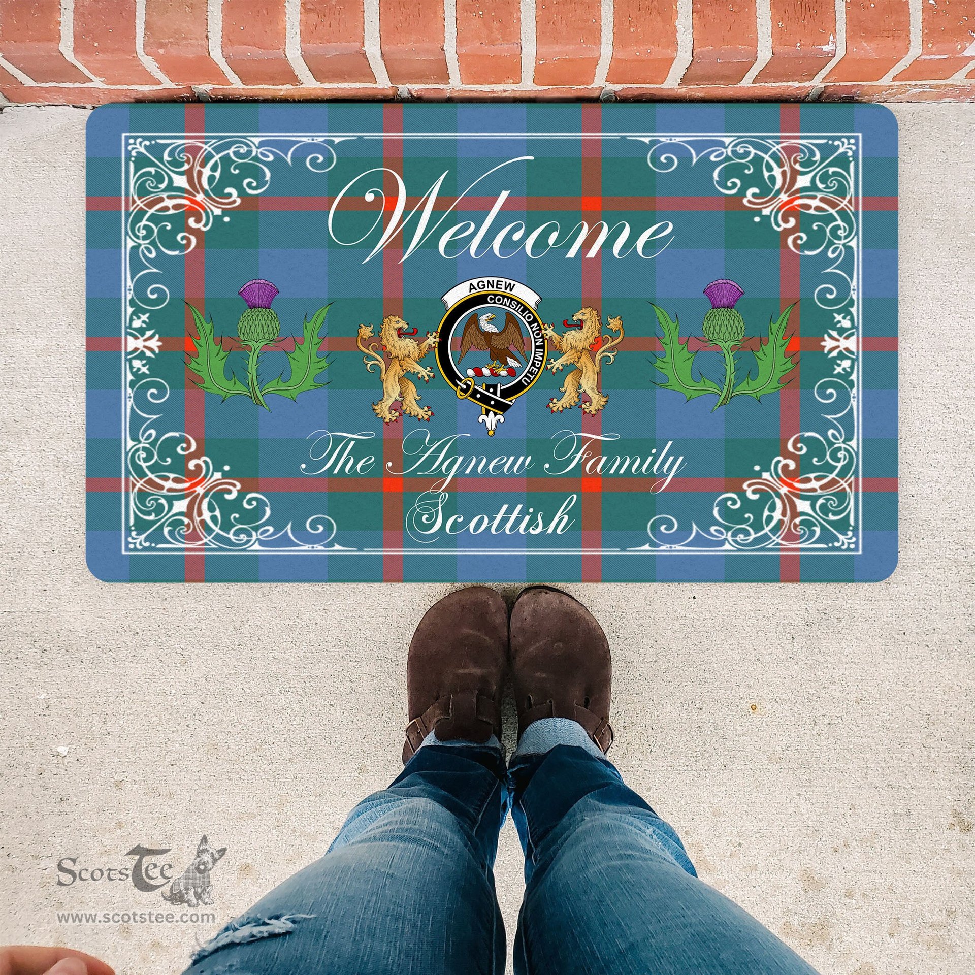 Scotstee Shop - Doormat - Welcome Mat Scottish Clan Agnew Ancient Tartan Door Mat, Plaid Doormat With Thistle and Two Lion Scottish