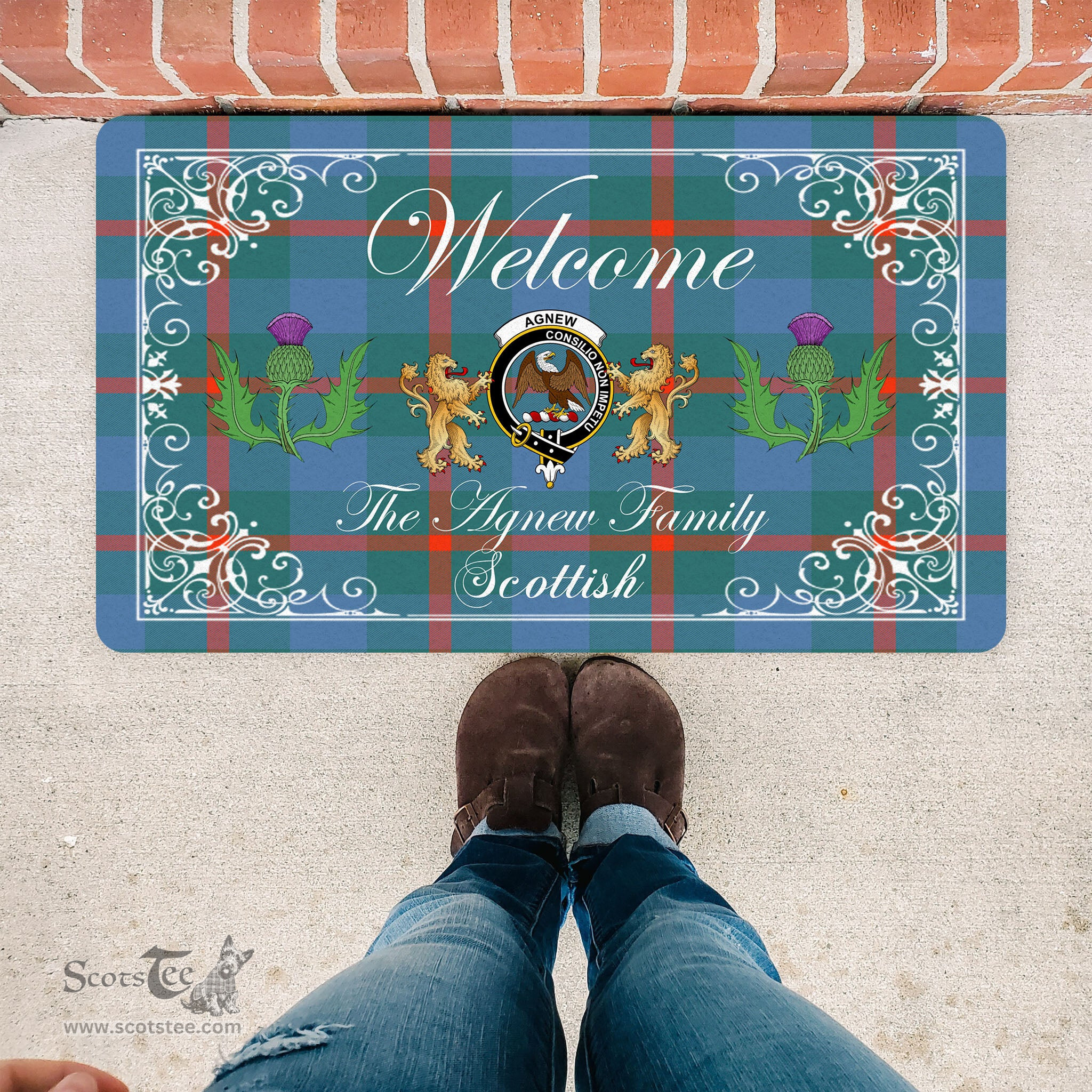 Scotstee Shop - Doormat - Welcome Mat Scottish Clan Agnew Ancient Tartan Door Mat, Plaid Doormat With Thistle and Two Lion Scottish