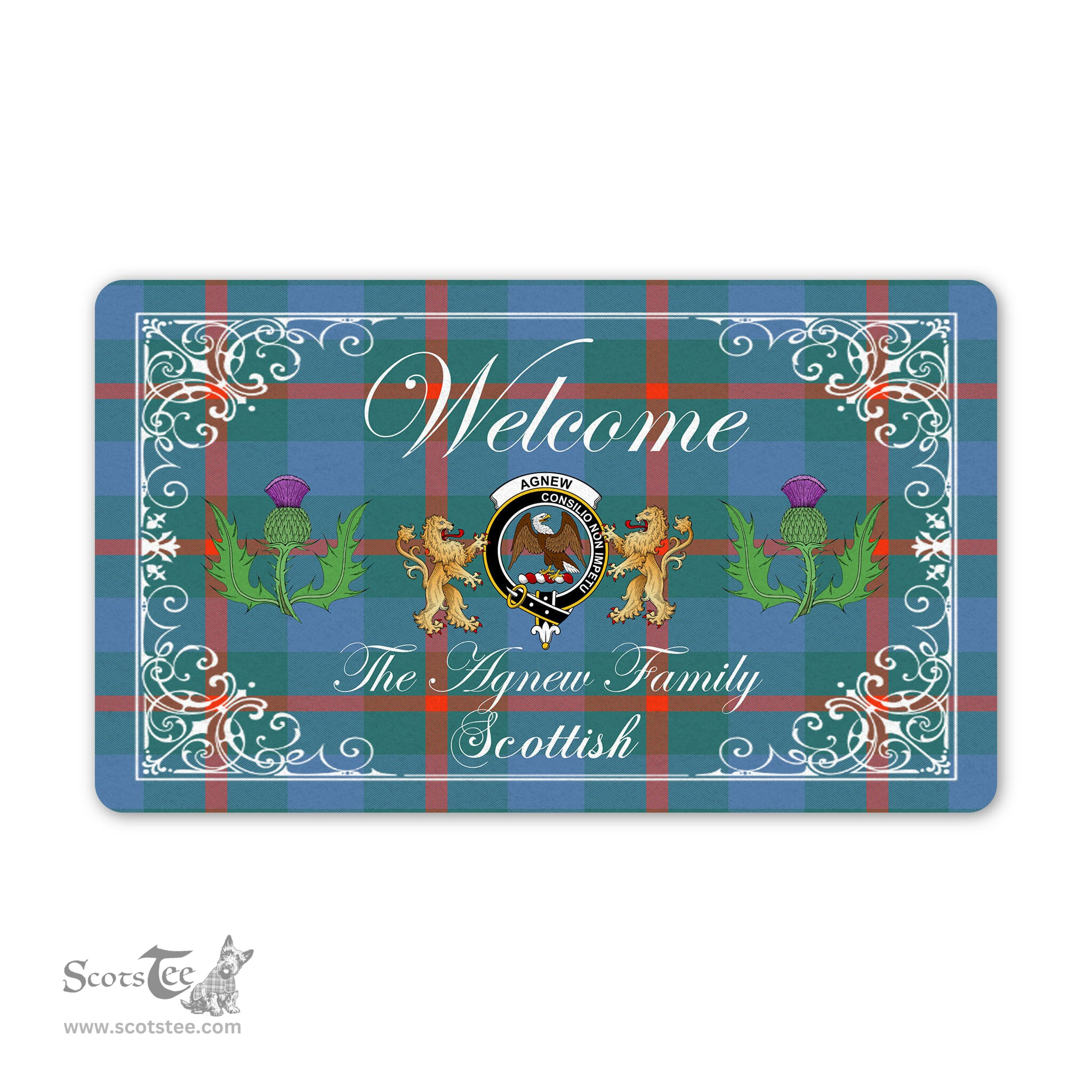 Scotstee Shop - Doormat - Welcome Mat Scottish Clan Agnew Ancient Tartan Door Mat, Plaid Doormat With Thistle and Two Lion Scottish