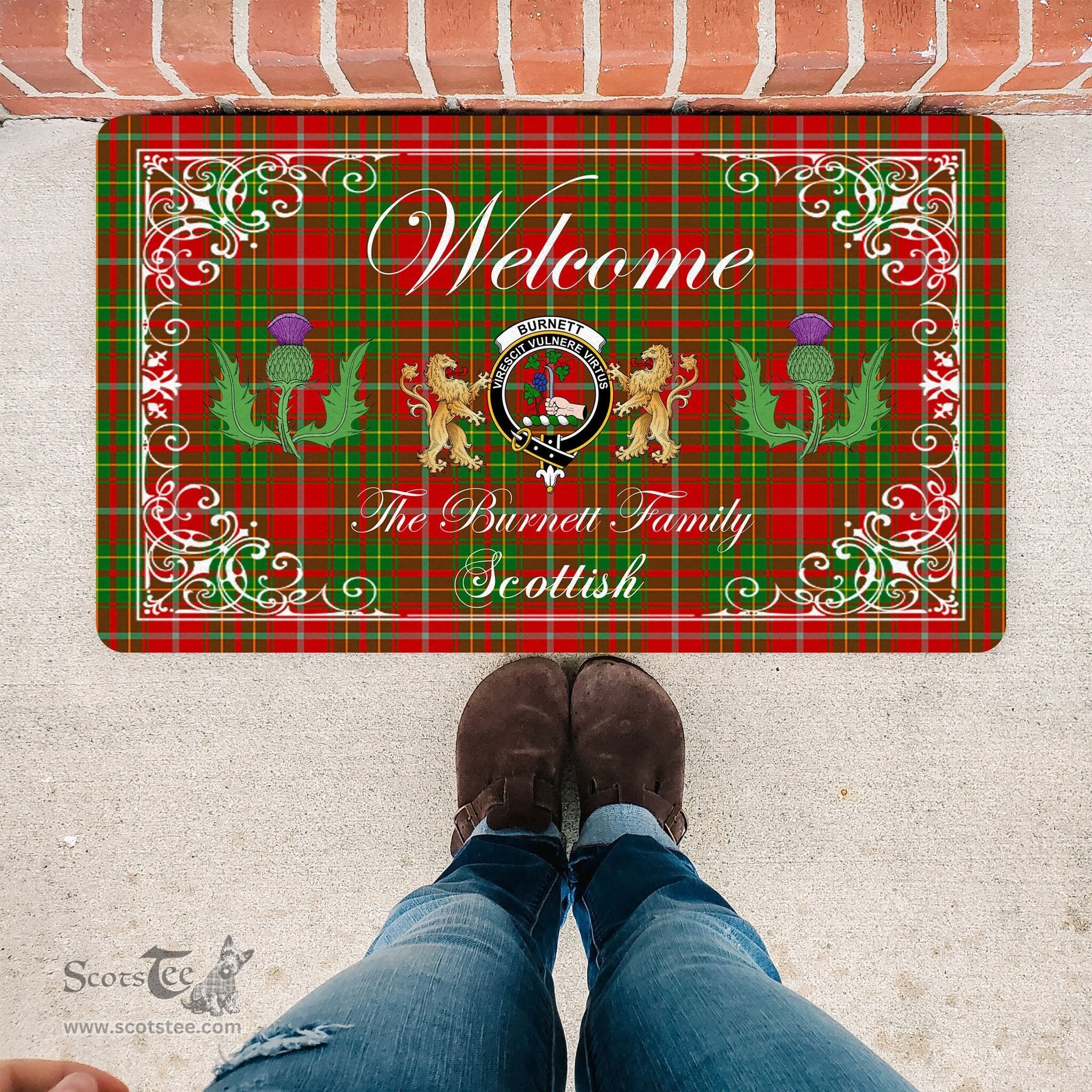 Personalized Doormat, Custom Door Mats, Welcome Mat Scottish Clan Burnett Tartan Door Mat, Plaid Doormat With Thistle and Two Lion Scottish, Custom Welcome Mats, Personalized Door Mat