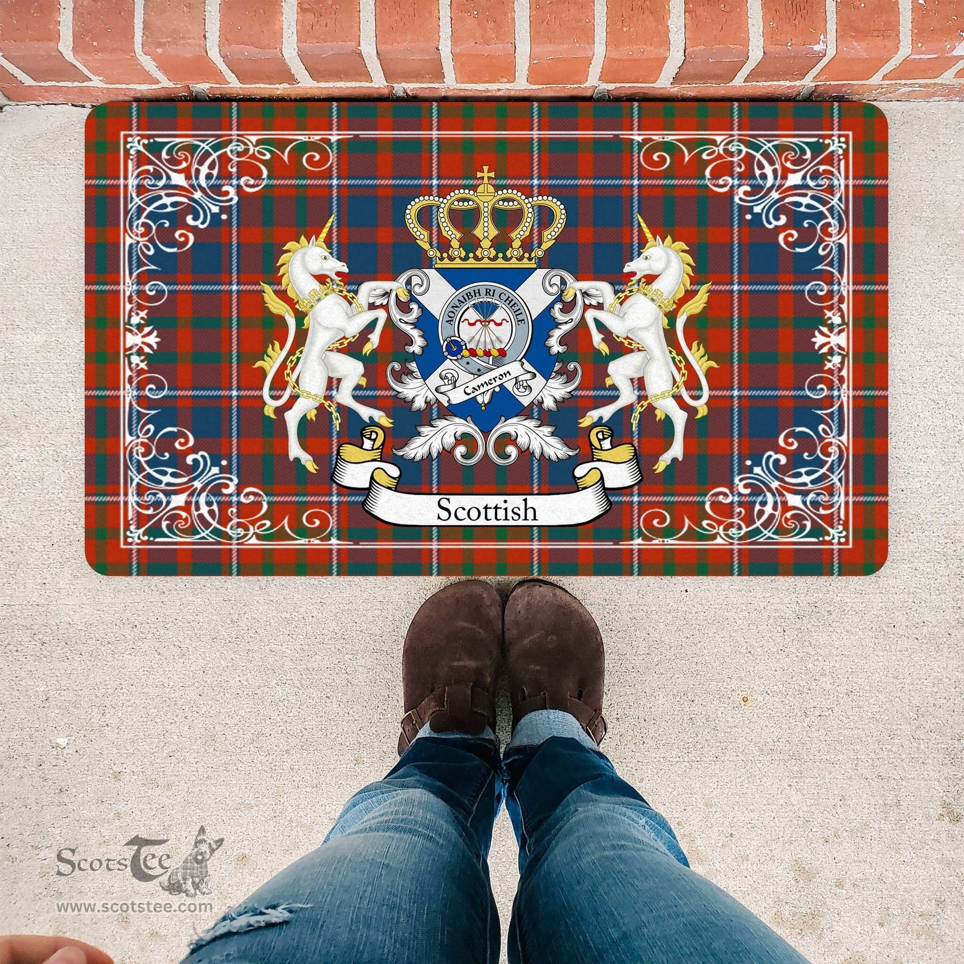 Scotstee Shop Tartan Door Mat Scottish Cameron Of Lochiel Ancient Clan Badge Tartan Door Mat, Plaid Doormat, Custom Welcome Mats, Personalized Door Mat