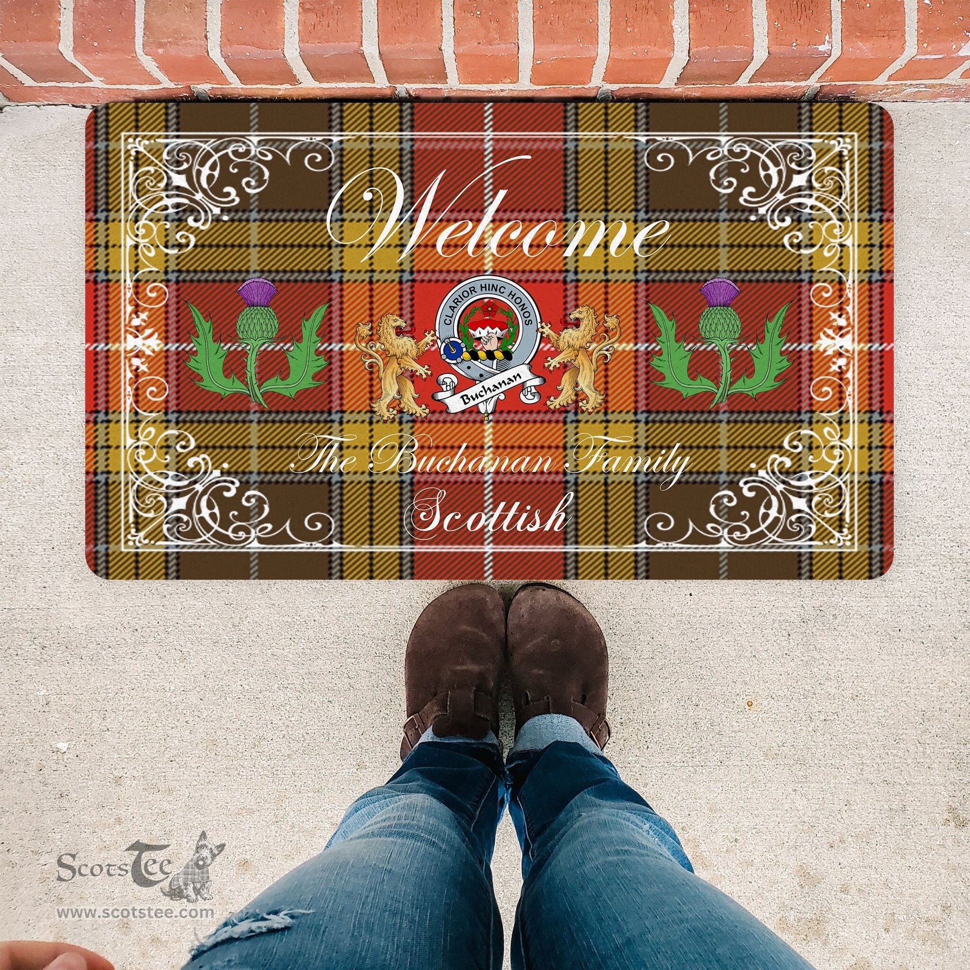 Personalized Doormat, Custom Door Mats, Welcome Mat Scottish Clan Badge Buchanan Old Set Weathered Tartan Door Mat, Plaid Doormat With Thistle and Two Lion Scottish, Custom Welcome Mats, Personalized Door Mat