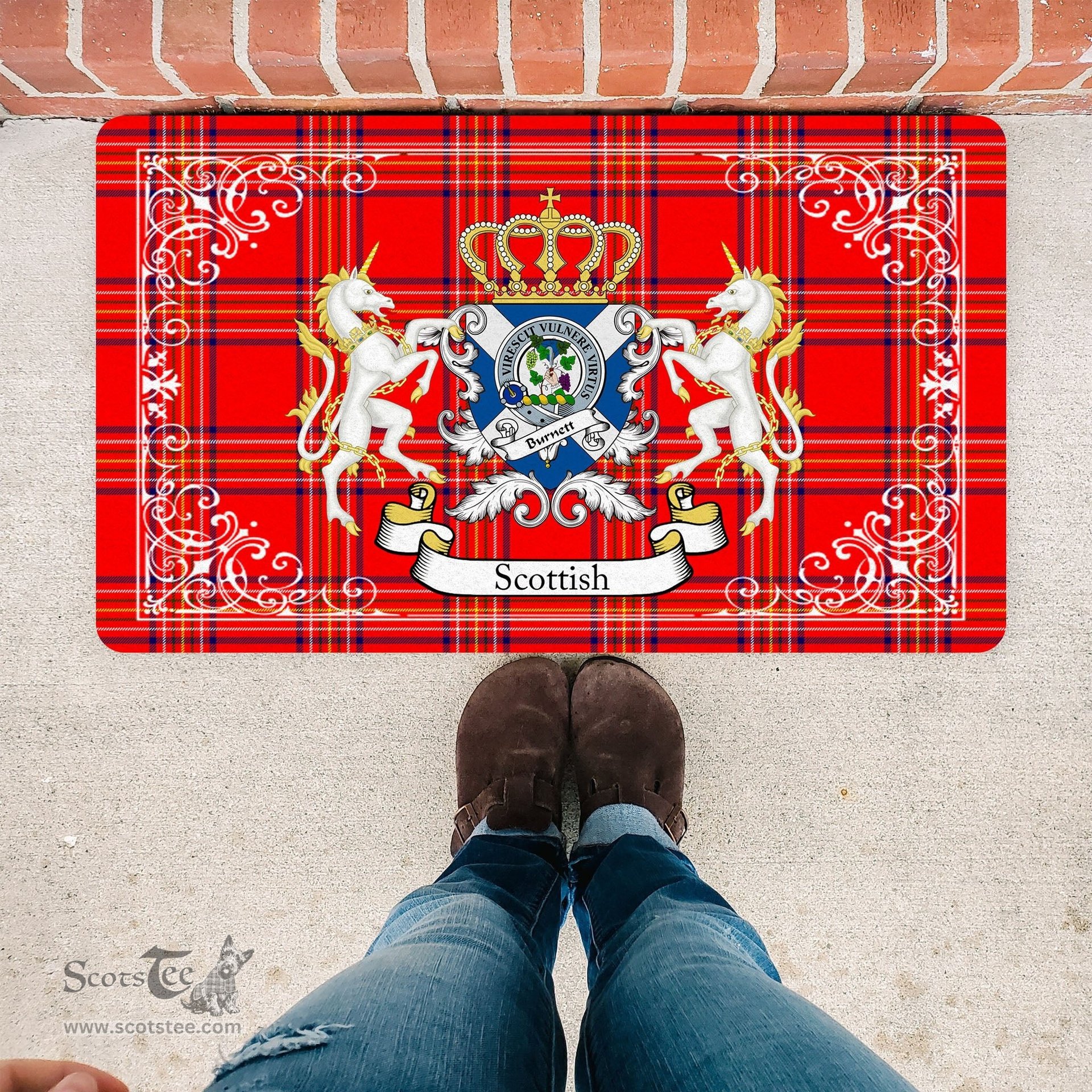 Scotstee Shop Tartan Door Mat Scottish Burnett Modern Clan Badge Tartan Door Mat, Plaid Doormat, Custom Welcome Mats, Personalized Door Mat