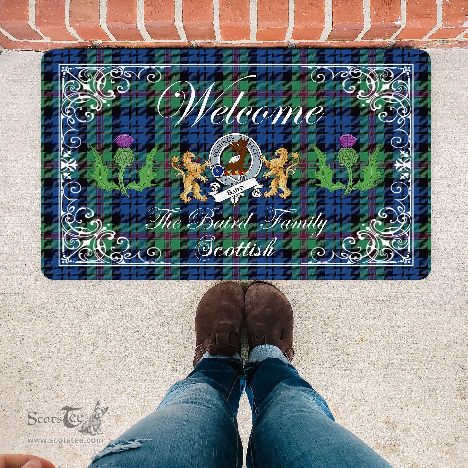 Personalized Doormat, Custom Door Mats, Welcome Mat Scottish Clan Badge Baird Ancient Tartan Door Mat, Plaid Doormat With Thistle and Two Lion Scottish, Custom Welcome Mats, Personalized Door Mat