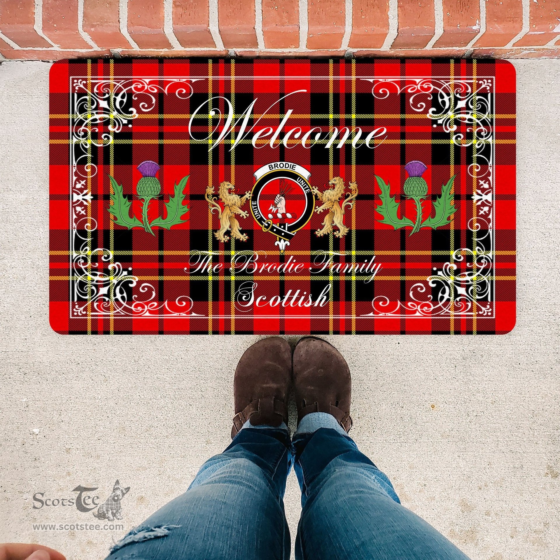 Personalized Doormat, Custom Door Mats, Welcome Mat Scottish Clan Brodie Tartan Door Mat, Plaid Doormat With Thistle and Two Lion Scottish, Custom Welcome Mats, Personalized Door Mat