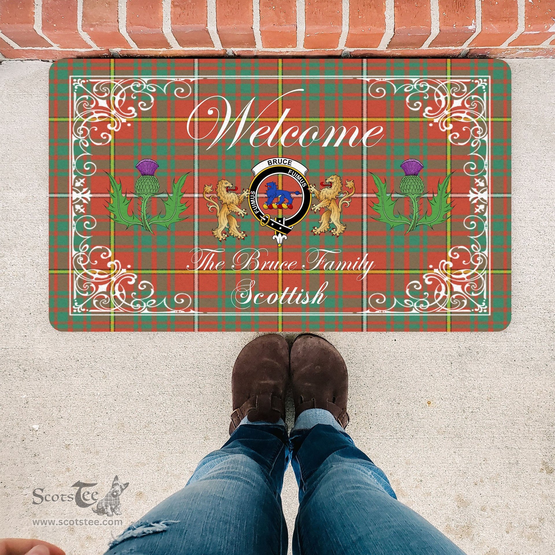 Personalized Doormat, Custom Door Mats, Welcome Mat Scottish Clan Bruce Ancient Tartan Door Mat, Plaid Doormat With Thistle and Two Lion Scottish, Custom Welcome Mats, Personalized Door Mat