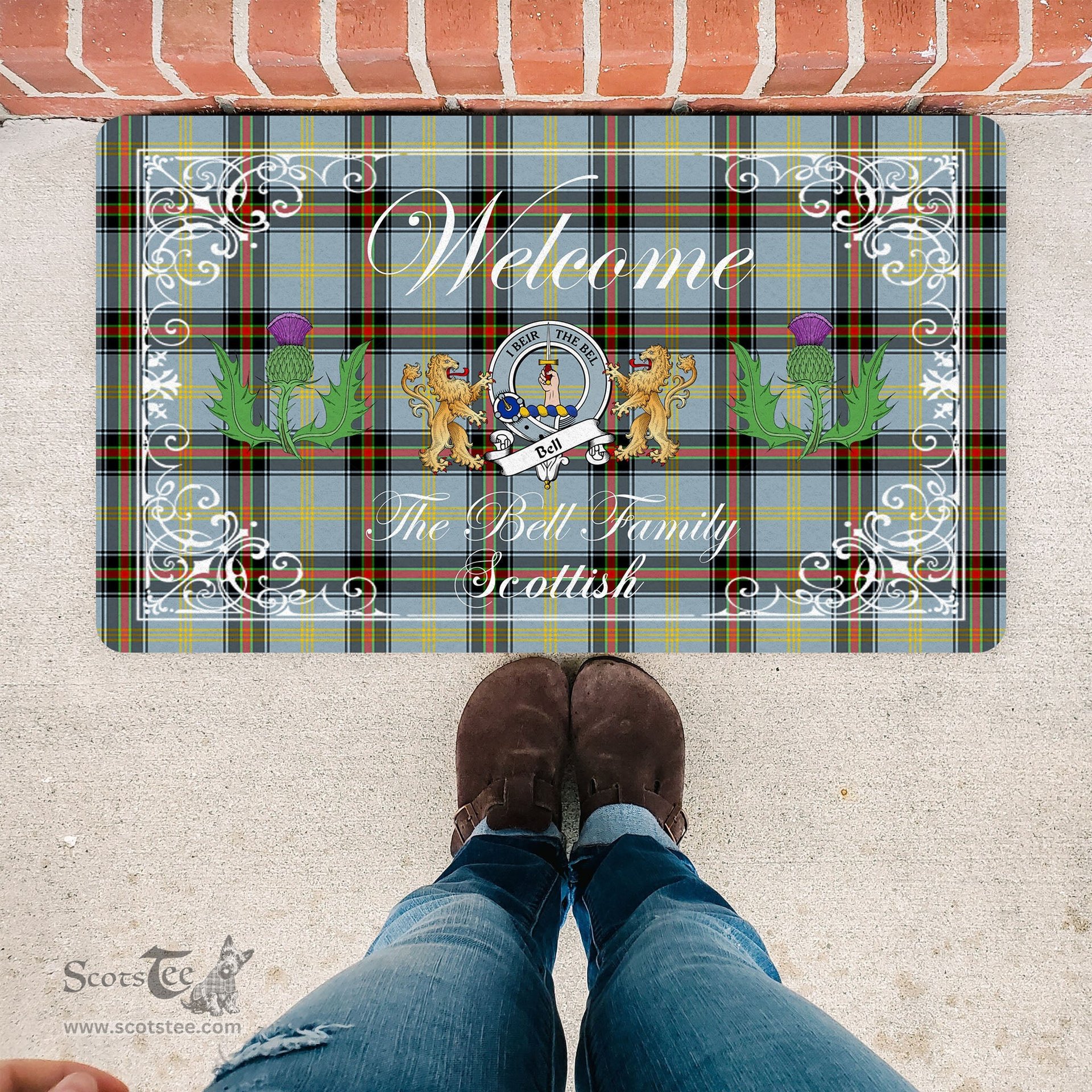 Personalized Doormat, Custom Door Mats, Welcome Mat Scottish Clan Badge Bell Tartan Door Mat, Plaid Doormat With Thistle and Two Lion Scottish, Custom Welcome Mats, Personalized Door Mat