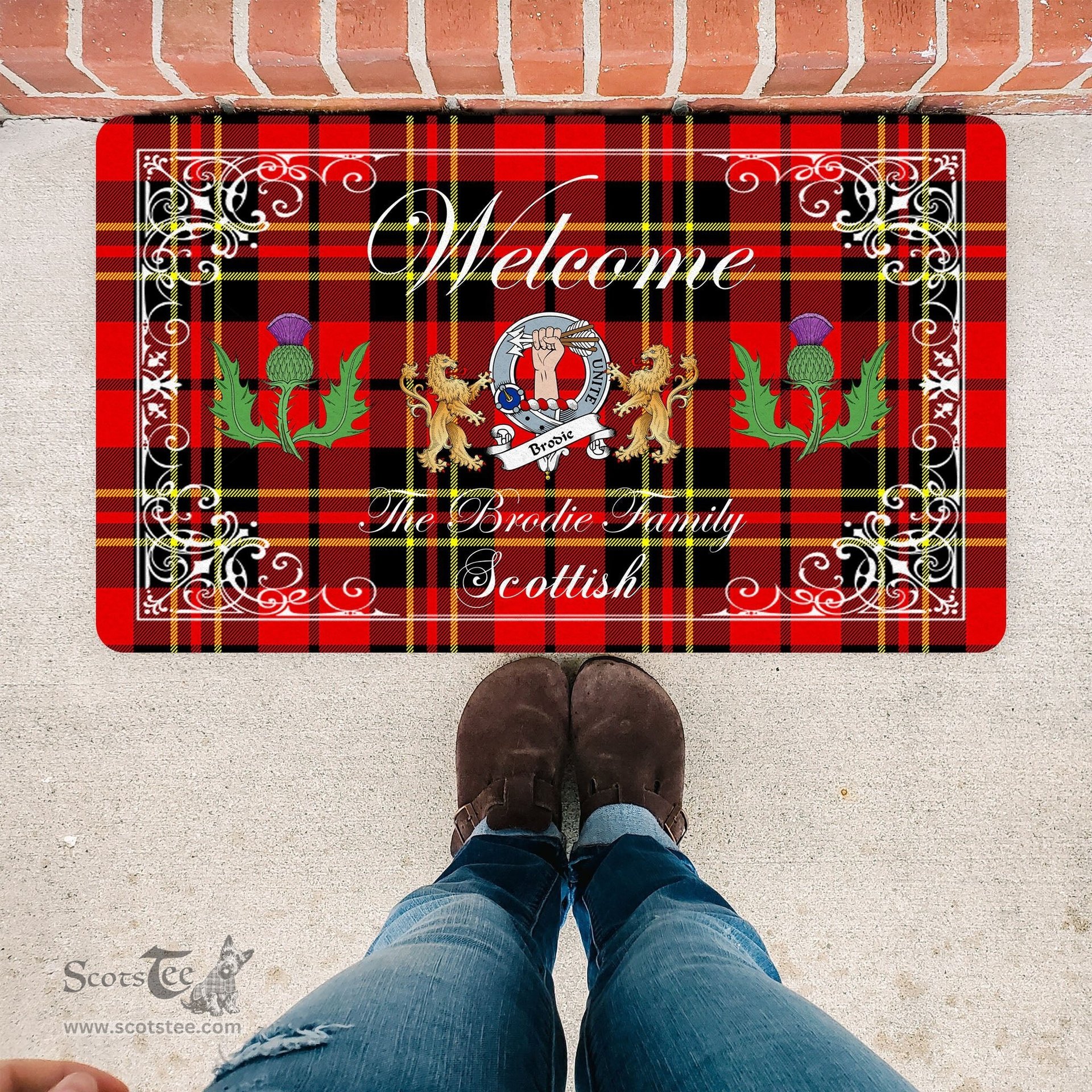 Personalized Doormat, Custom Door Mats, Welcome Mat Scottish Clan Badge Brodie Tartan Door Mat, Plaid Doormat With Thistle and Two Lion Scottish, Custom Welcome Mats, Personalized Door Mat