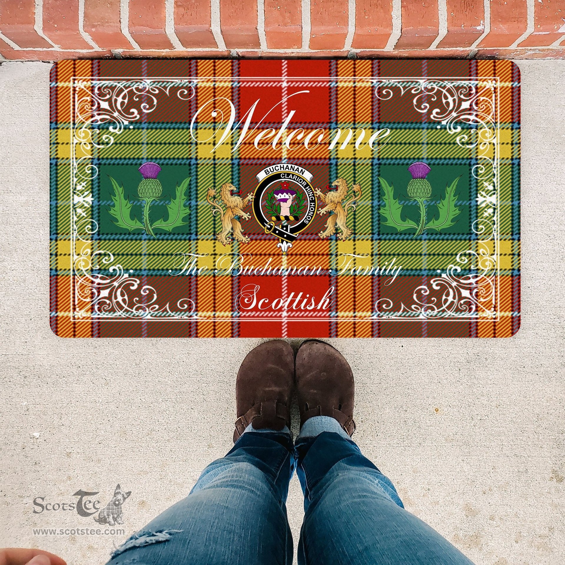 Personalized Doormat, Custom Door Mats, Welcome Mat Scottish Clan Buchanan Old Sett Tartan Door Mat, Plaid Doormat With Thistle and Two Lion Scottish, Custom Welcome Mats, Personalized Door Mat