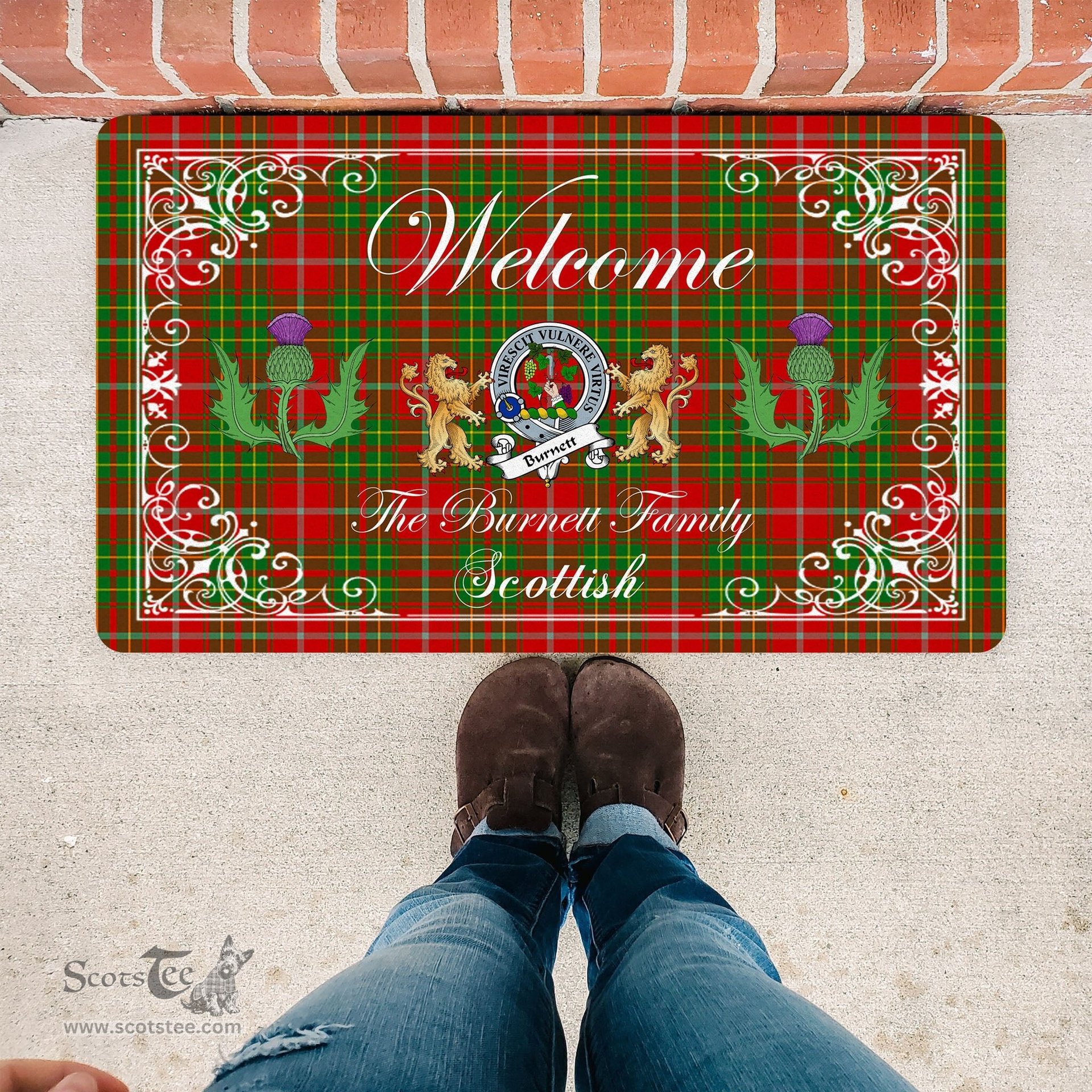 Personalized Doormat, Custom Door Mats, Welcome Mat Scottish Clan Badge Burnett Tartan Door Mat, Plaid Doormat With Thistle and Two Lion Scottish, Custom Welcome Mats, Personalized Door Mat