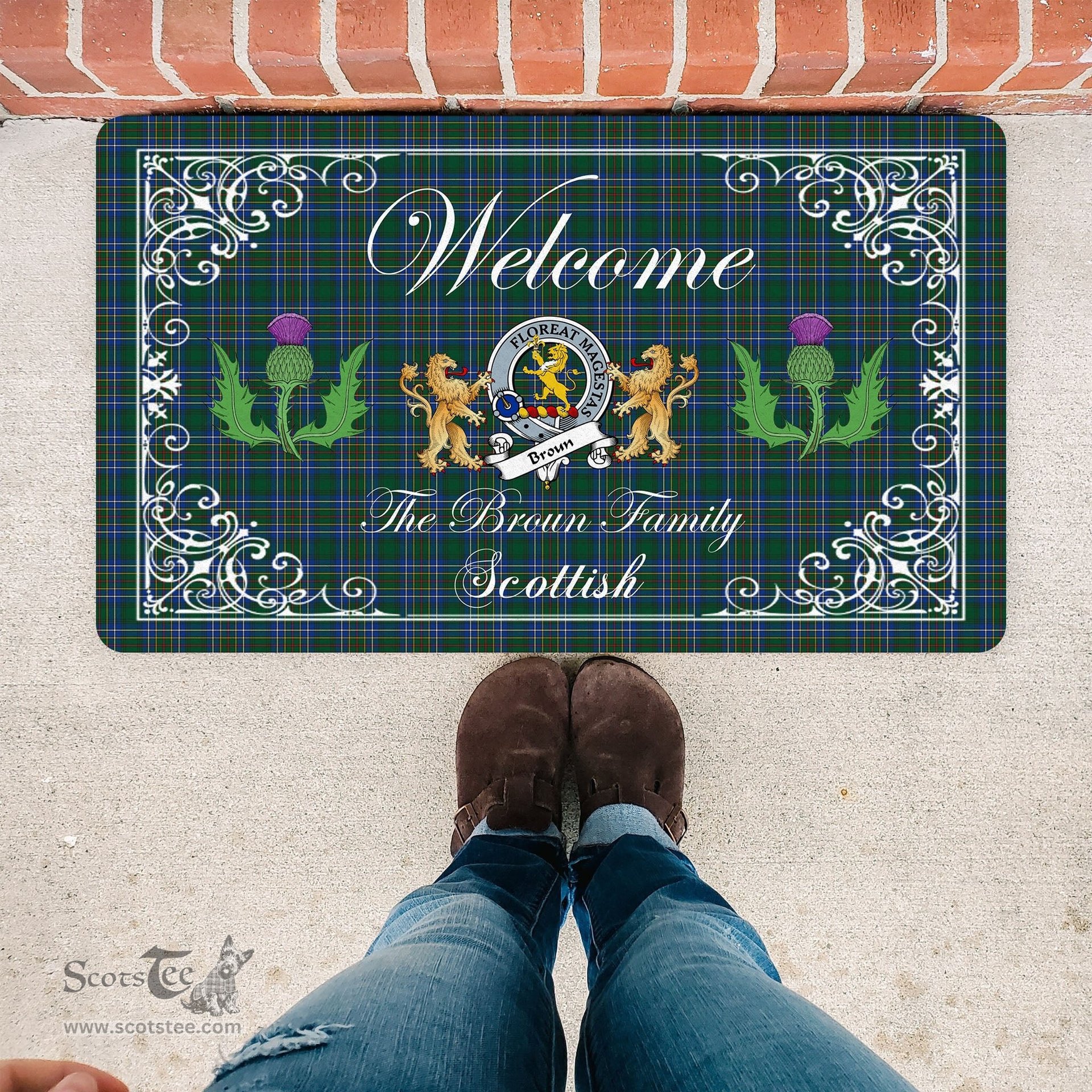 Personalized Doormat, Custom Door Mats, Welcome Mat Scottish Clan Badge Broun Modern Tartan Door Mat, Plaid Doormat With Thistle and Two Lion Scottish, Custom Welcome Mats, Personalized Door Mat