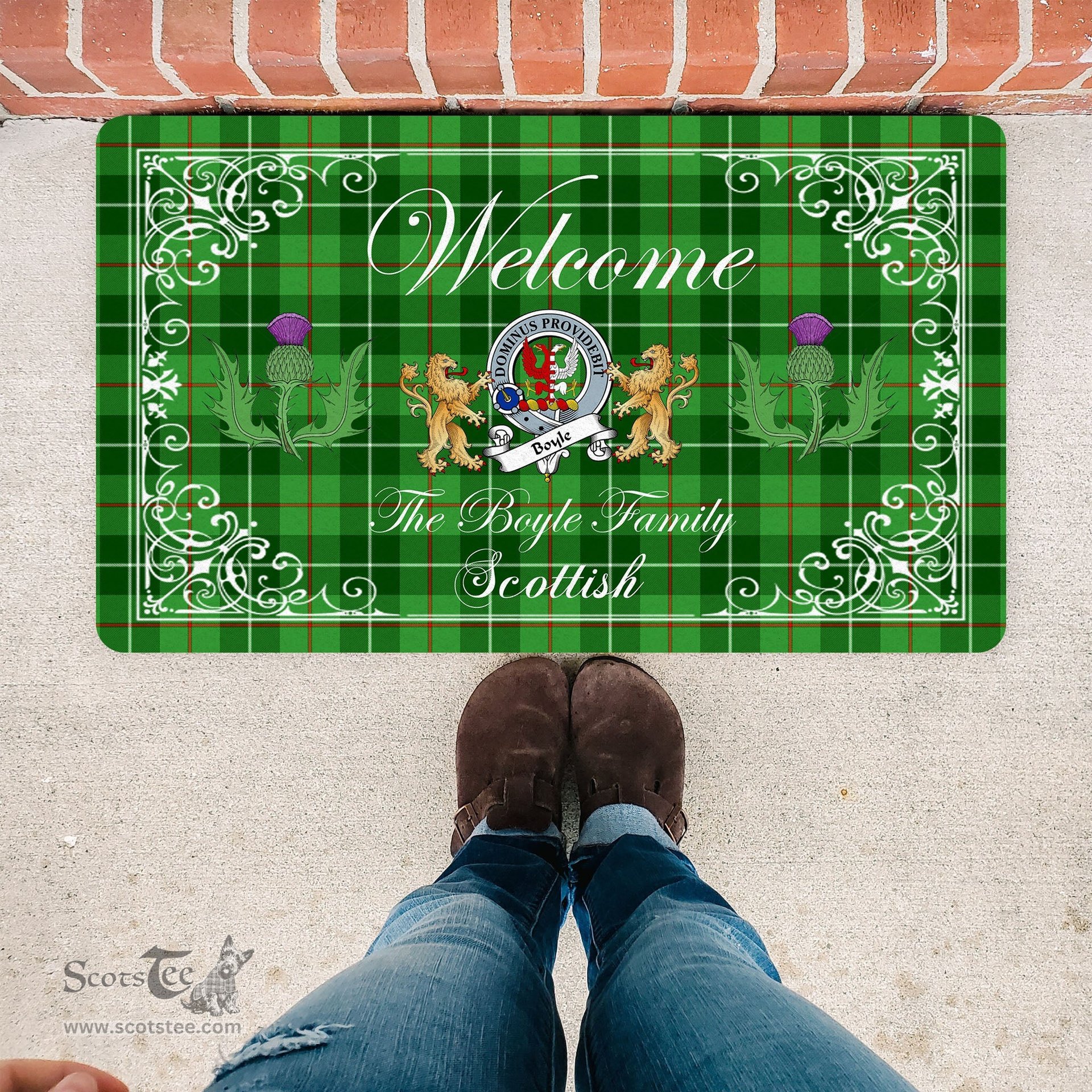 Personalized Doormat, Custom Door Mats, Welcome Mat Scottish Clan Badge Boyle Tartan Door Mat, Plaid Doormat With Thistle and Two Lion Scottish, Custom Welcome Mats, Personalized Door Mat