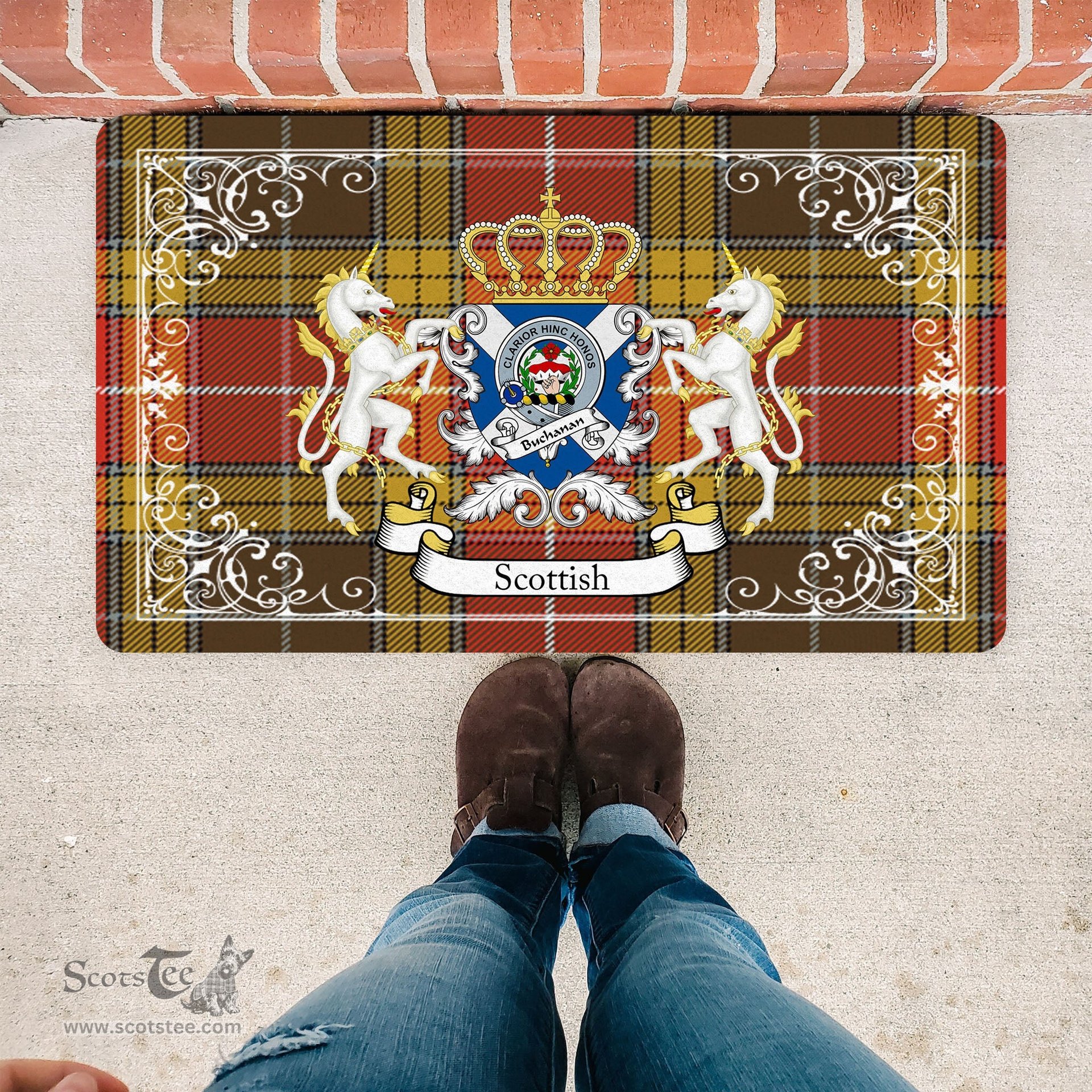 Scotstee Shop Tartan Door Mat Scottish Buchanan Old Set Weathered Clan Badge Tartan Door Mat, Plaid Doormat, Custom Welcome Mats, Personalized Door Mat