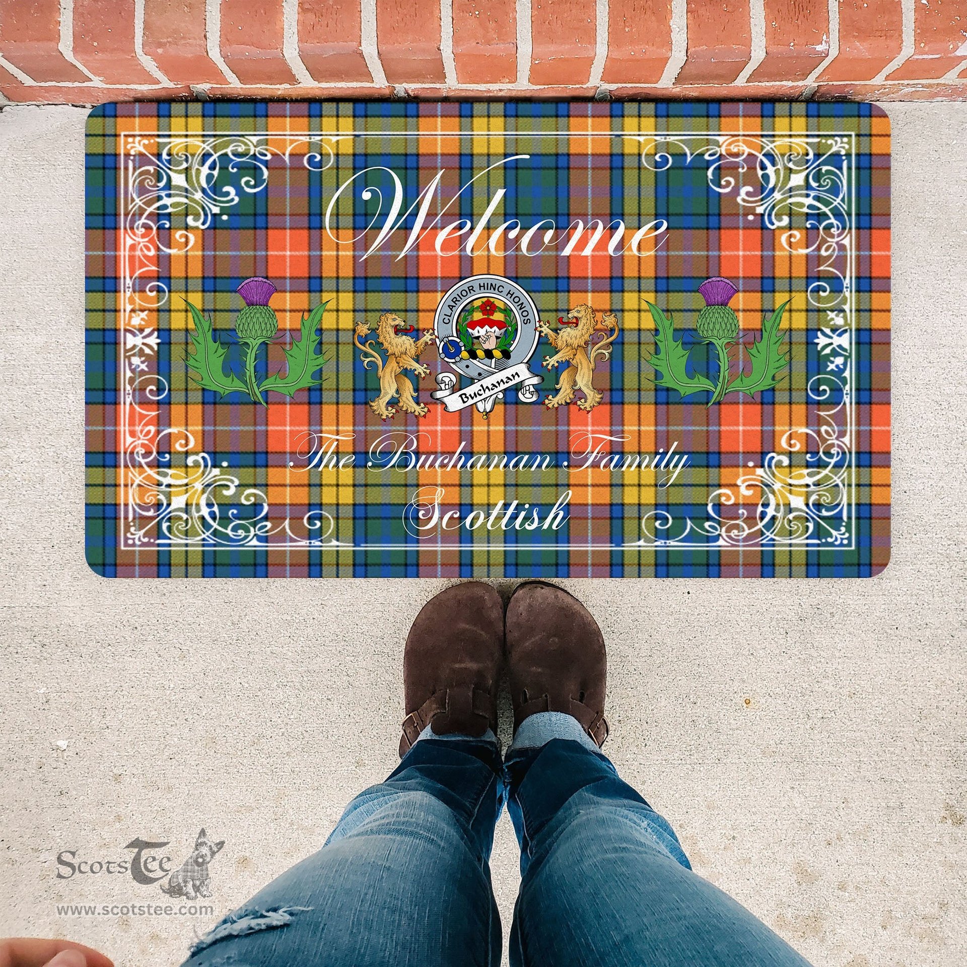 Personalized Doormat, Custom Door Mats, Welcome Mat Scottish Clan Badge Buchanan Ancient Tartan Door Mat, Plaid Doormat With Thistle and Two Lion Scottish, Custom Welcome Mats, Personalized Door Mat