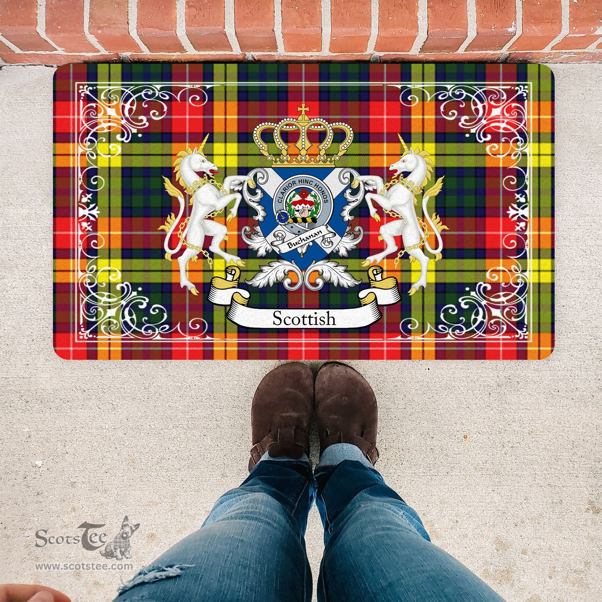Scotstee Shop Tartan Door Mat Scottish Buchanan Modern Clan Badge Tartan Door Mat, Plaid Doormat, Custom Welcome Mats, Personalized Door Mat