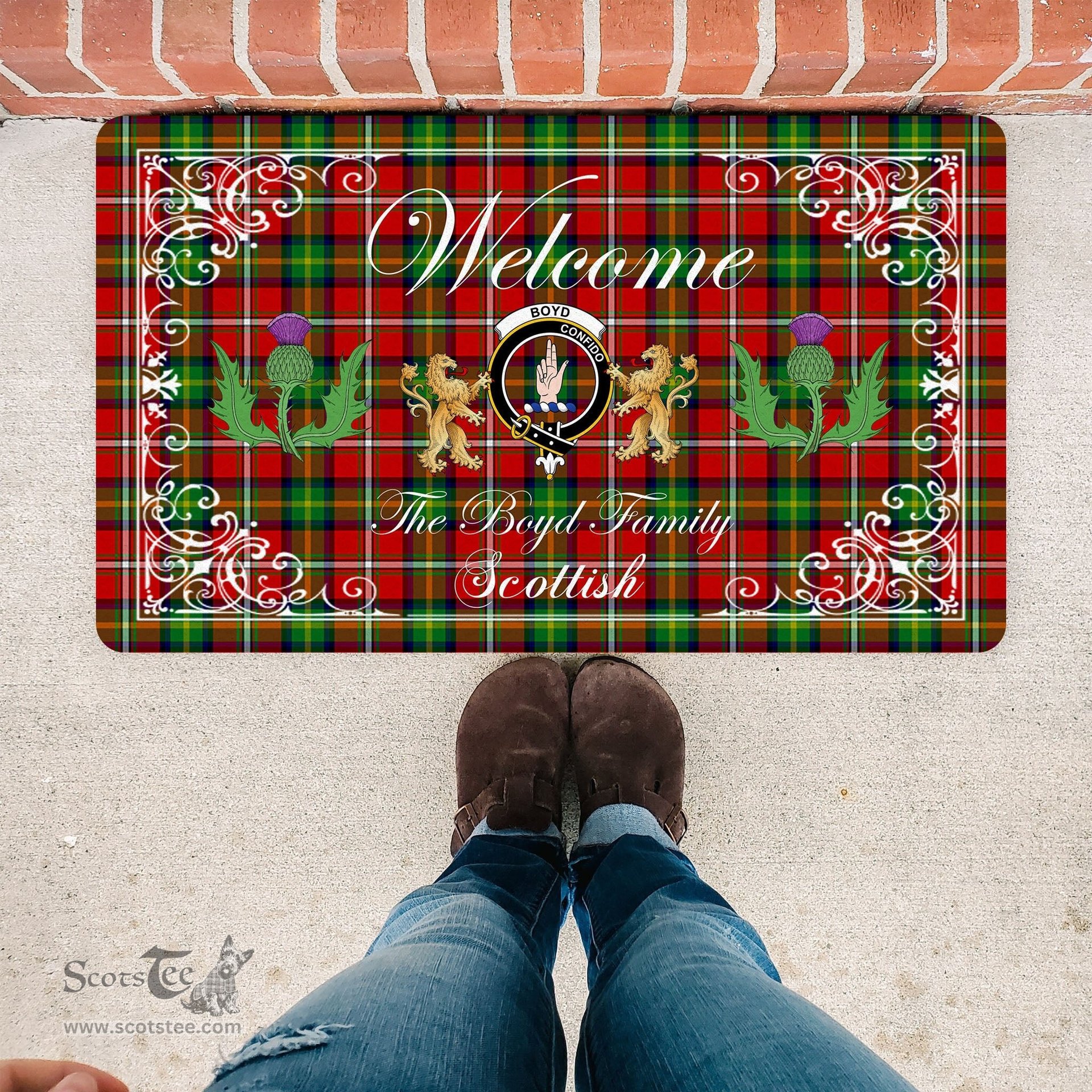 Personalized Doormat, Custom Door Mats, Welcome Mat Scottish Clan Boyd Tartan Door Mat, Plaid Doormat With Thistle and Two Lion Scottish, Custom Welcome Mats, Personalized Door Mat