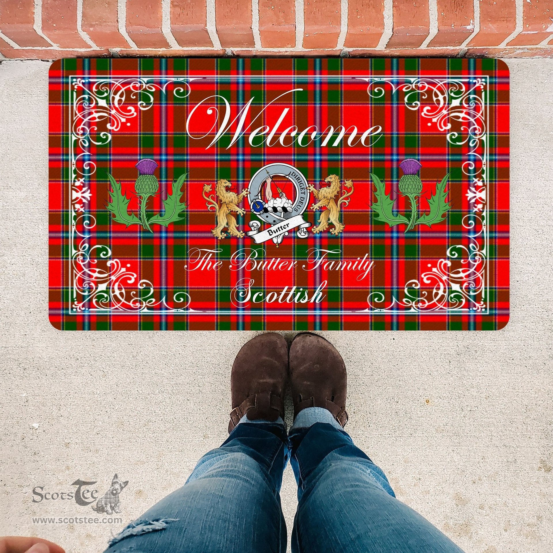 Personalized Doormat, Custom Door Mats, Welcome Mat Scottish Clan Badge Butter Tartan Door Mat, Plaid Doormat With Thistle and Two Lion Scottish, Custom Welcome Mats, Personalized Door Mat