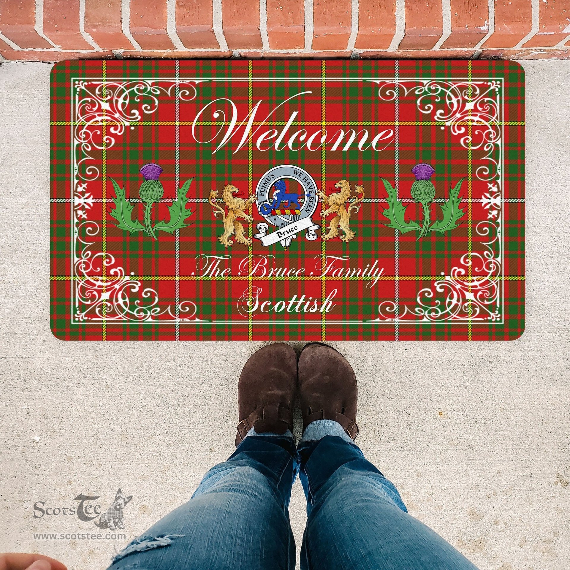 Personalized Doormat, Custom Door Mats, Welcome Mat Scottish Clan Badge Bruce Tartan Door Mat, Plaid Doormat With Thistle and Two Lion Scottish, Custom Welcome Mats, Personalized Door Mat