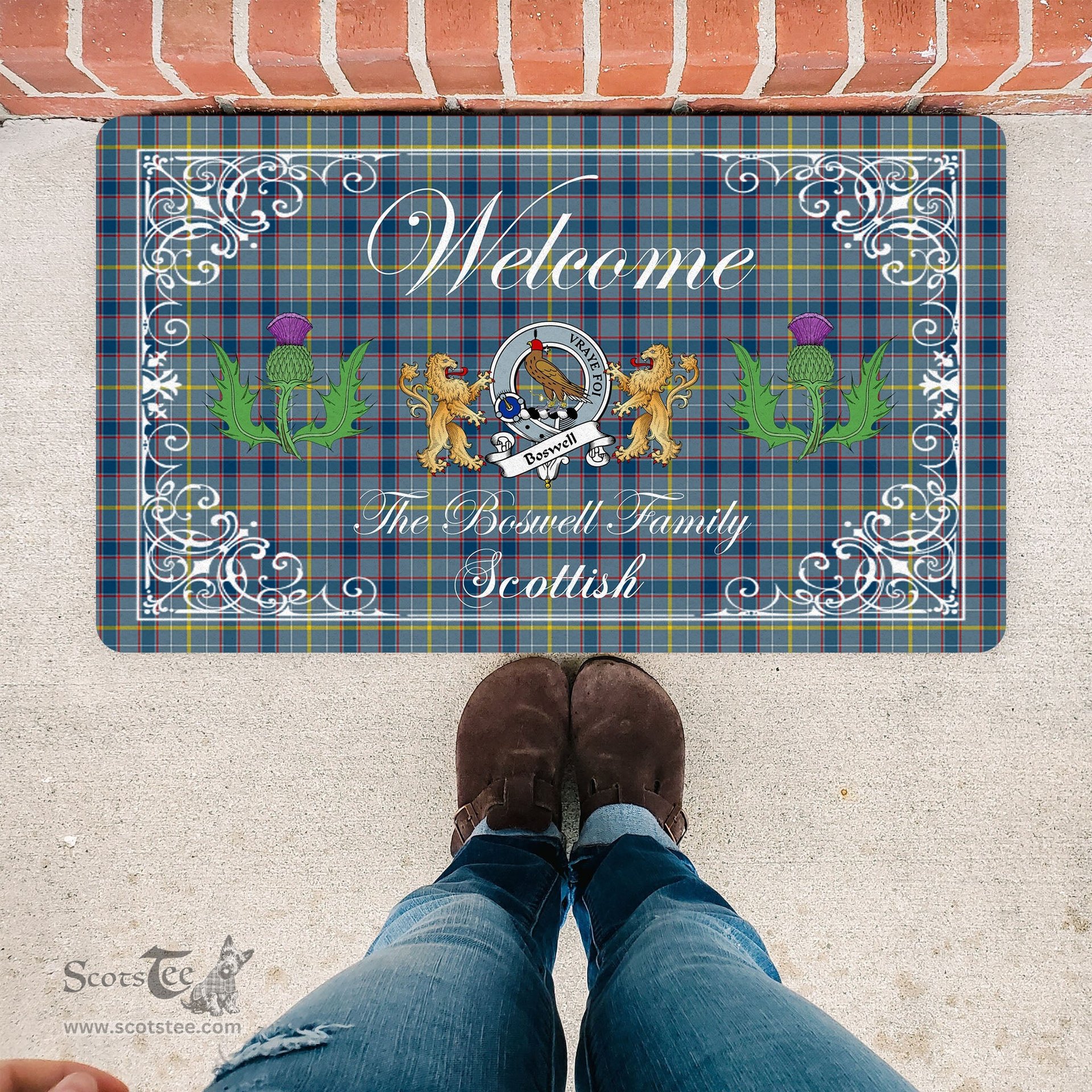 Personalized Doormat, Custom Door Mats, Welcome Mat Scottish Clan Badge Boswell Tartan Door Mat, Plaid Doormat With Thistle and Two Lion Scottish, Custom Welcome Mats, Personalized Door Mat