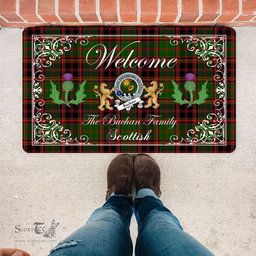 Personalized Doormat, Custom Door Mats, Welcome Mat Scottish Clan Badge Buchan Tartan Door Mat, Plaid Doormat With Thistle and Two Lion Scottish, Custom Welcome Mats, Personalized Door Mat