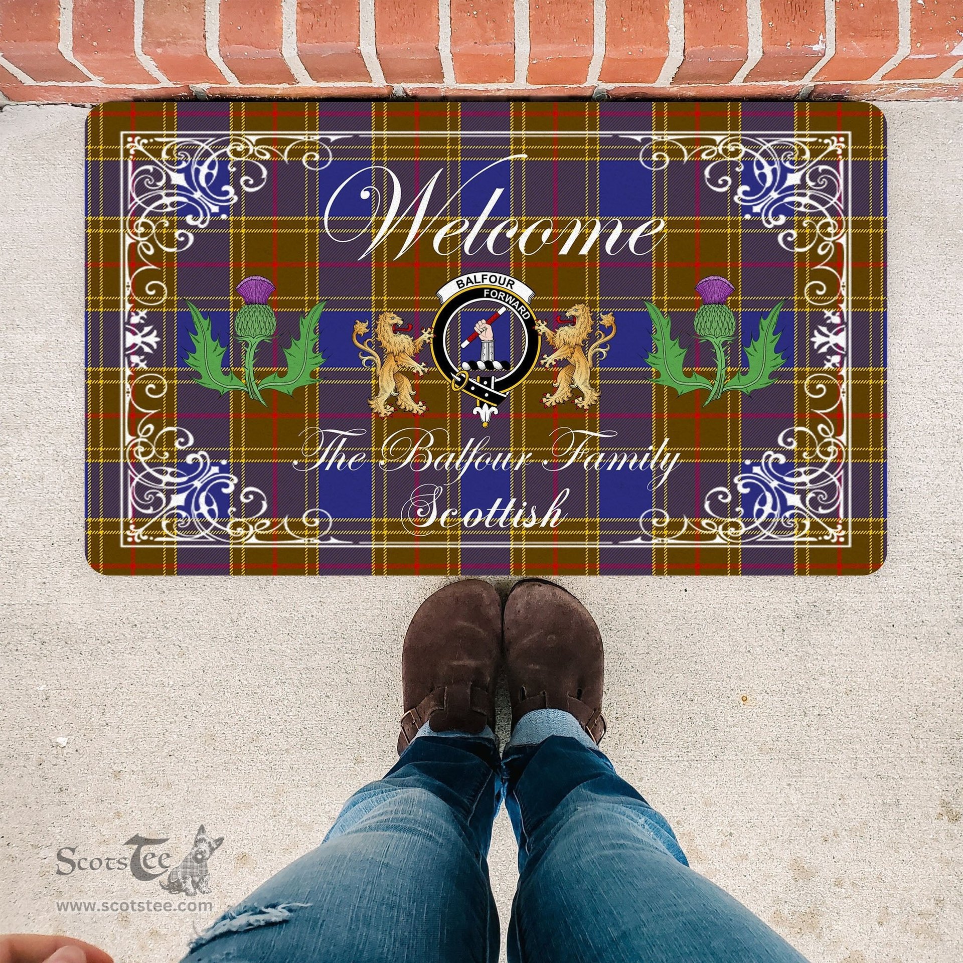 Personalized Doormat, Custom Door Mats, Welcome Mat Scottish Clan Balfour Modern Tartan Door Mat, Plaid Doormat With Thistle and Two Lion Scottish, Custom Welcome Mats, Personalized Door Mat