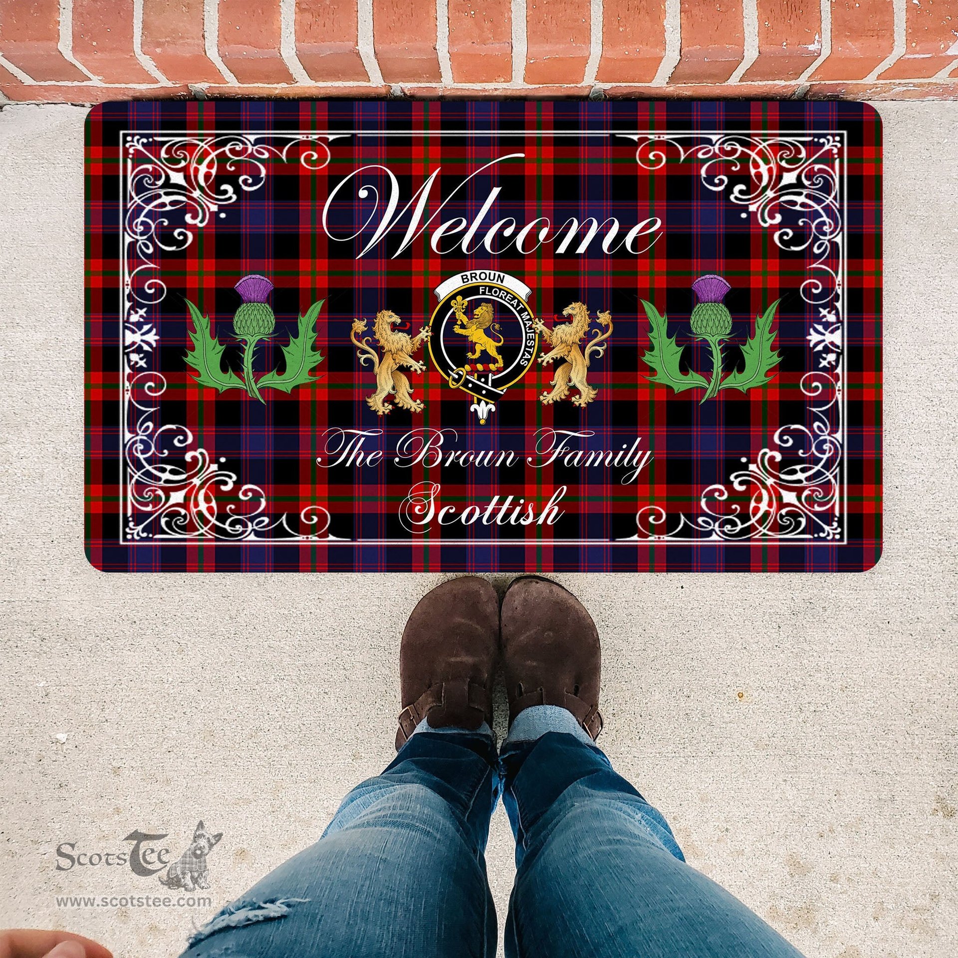 Personalized Doormat, Custom Door Mats, Welcome Mat Scottish Clan Broun Tartan Door Mat, Plaid Doormat With Thistle and Two Lion Scottish, Custom Welcome Mats, Personalized Door Mat
