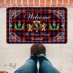 Personalized Doormat, Custom Door Mats, Welcome Mat Scottish Clan Broun Tartan Door Mat, Plaid Doormat With Thistle and Two Lion Scottish, Custom Welcome Mats, Personalized Door Mat