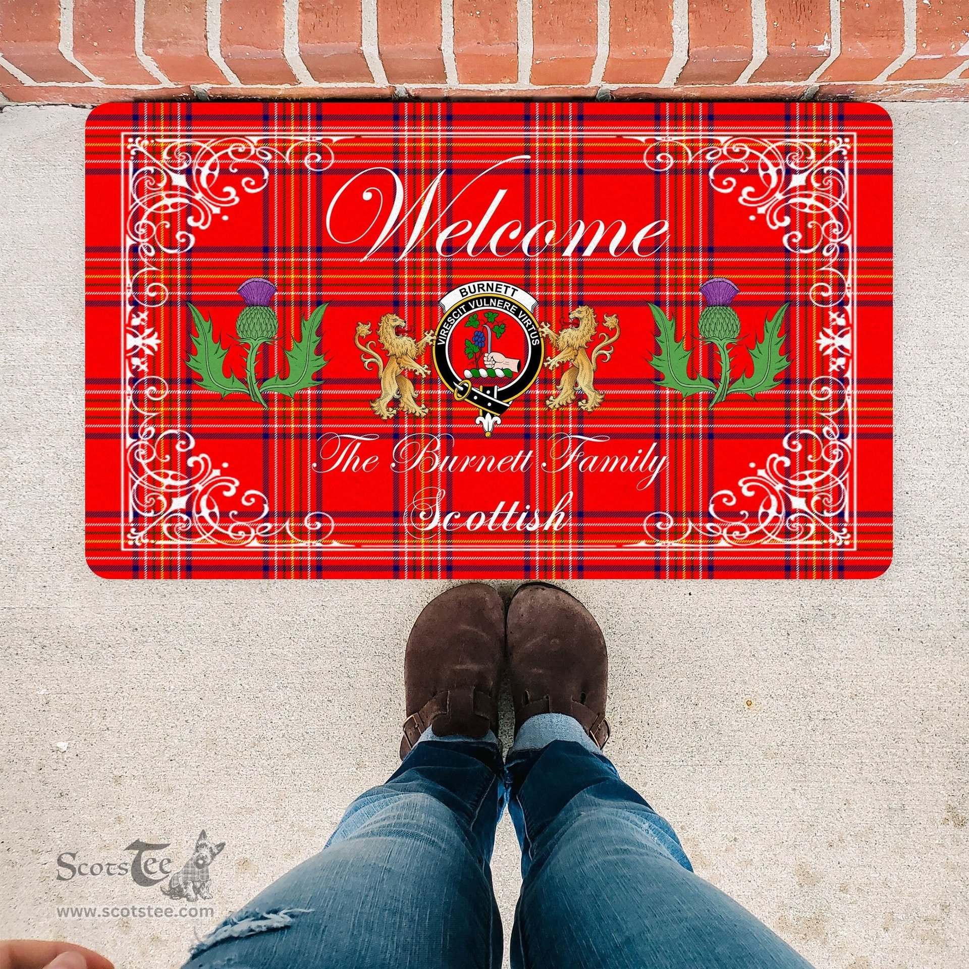 Personalized Doormat, Custom Door Mats, Welcome Mat Scottish Clan Burnett Modern Tartan Door Mat, Plaid Doormat With Thistle and Two Lion Scottish, Custom Welcome Mats, Personalized Door Mat