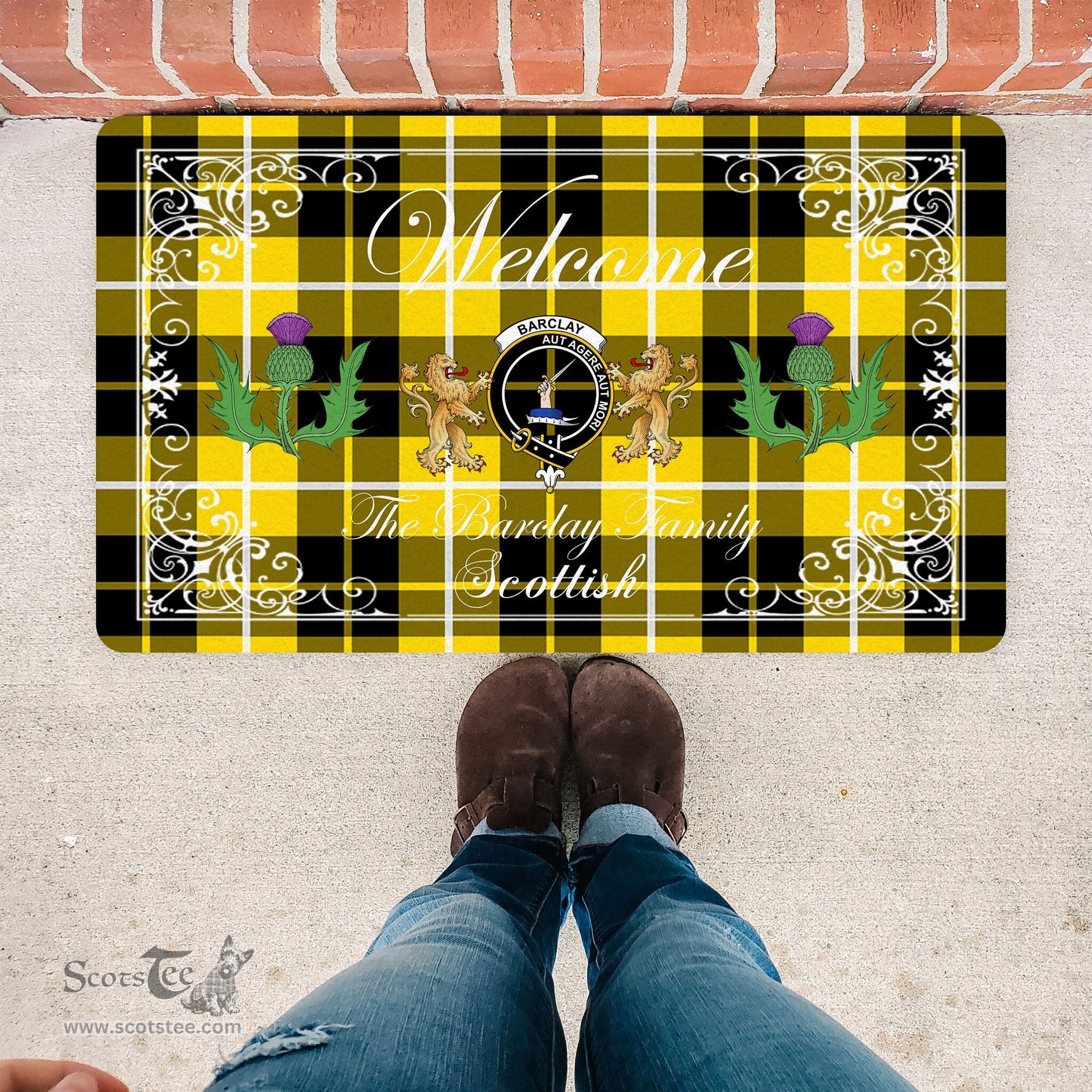 Personalized Doormat, Custom Door Mats, Welcome Mat Scottish Clan Barclay Tartan Door Mat, Plaid Doormat With Thistle and Two Lion Scottish, Custom Welcome Mats, Personalized Door Mat