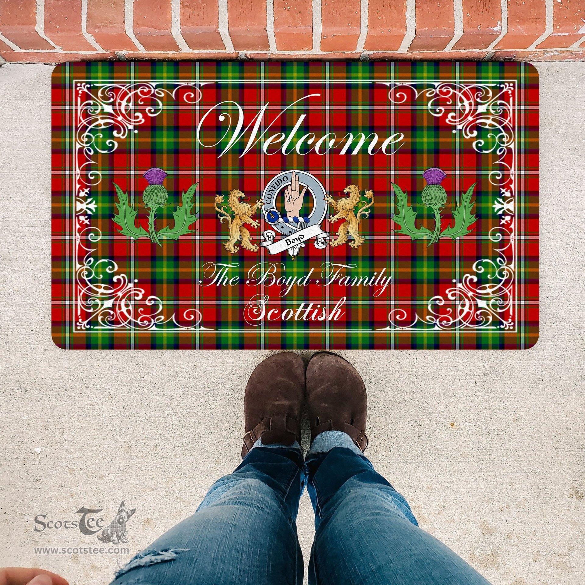 Personalized Doormat, Custom Door Mats, Welcome Mat Scottish Clan Badge Boyd Tartan Door Mat, Plaid Doormat With Thistle and Two Lion Scottish, Custom Welcome Mats, Personalized Door Mat