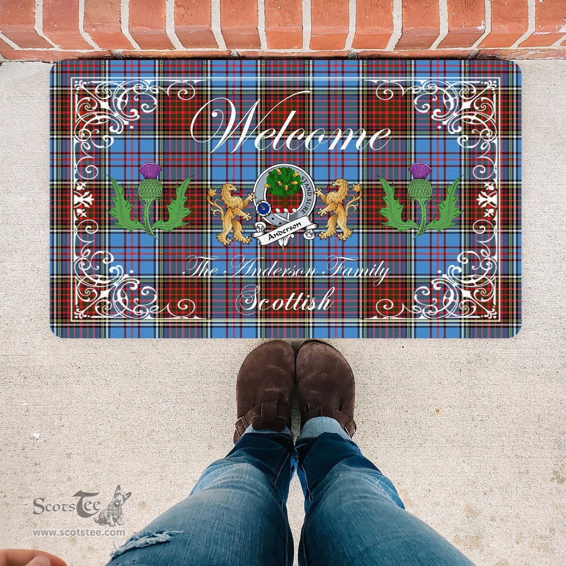 Personalized Doormat, Custom Door Mats, Welcome Mat Scottish Clan Badge Anderson Modern Tartan Door Mat, Plaid Doormat With Thistle and Two Lion Scottish, Custom Welcome Mats, Personalized Door Mat
