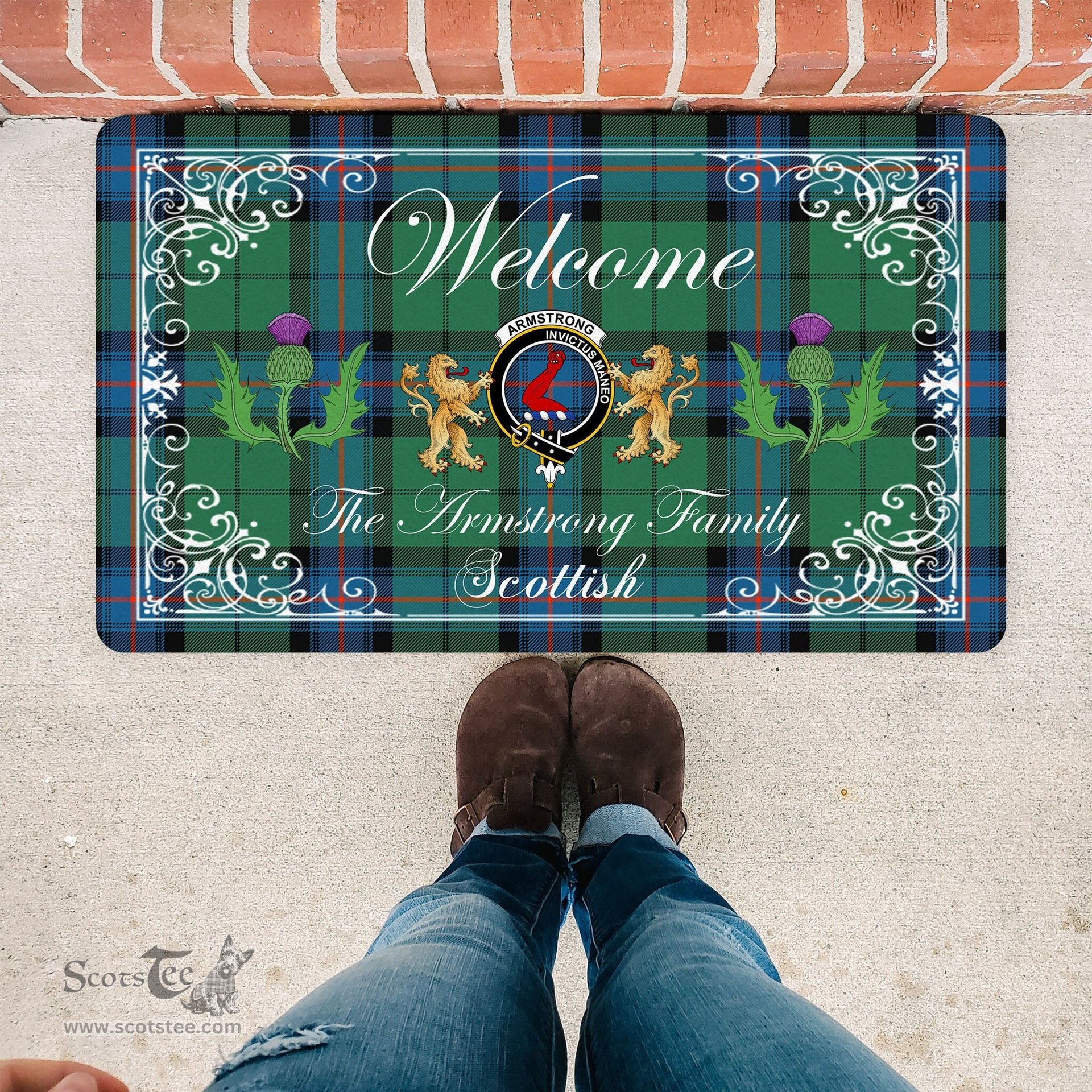 Personalized Doormat, Custom Door Mats, Welcome Mat Scottish Clan Armstrong Ancient Tartan Door Mat, Plaid Doormat With Thistle and Two Lion Scottish, Custom Welcome Mats, Personalized Door Mat
