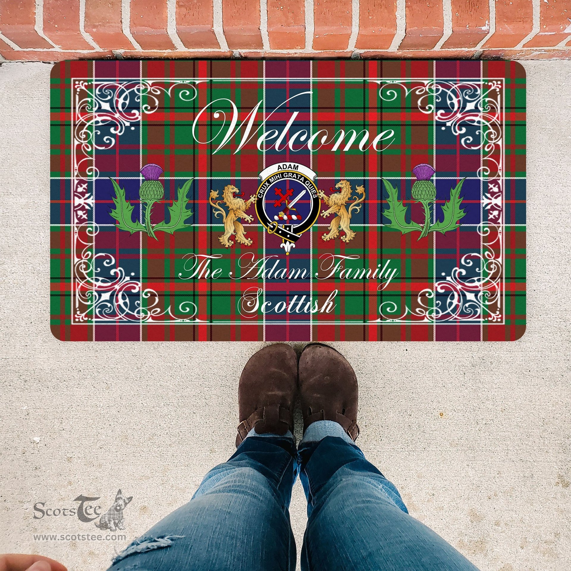 Personalized Doormat, Custom Door Mats, Welcome Mat Scottish Clan Adam Ancient Tartan Door Mat, Plaid Doormat With Thistle and Two Lion Scottish, Custom Welcome Mats, Personalized Door Mat