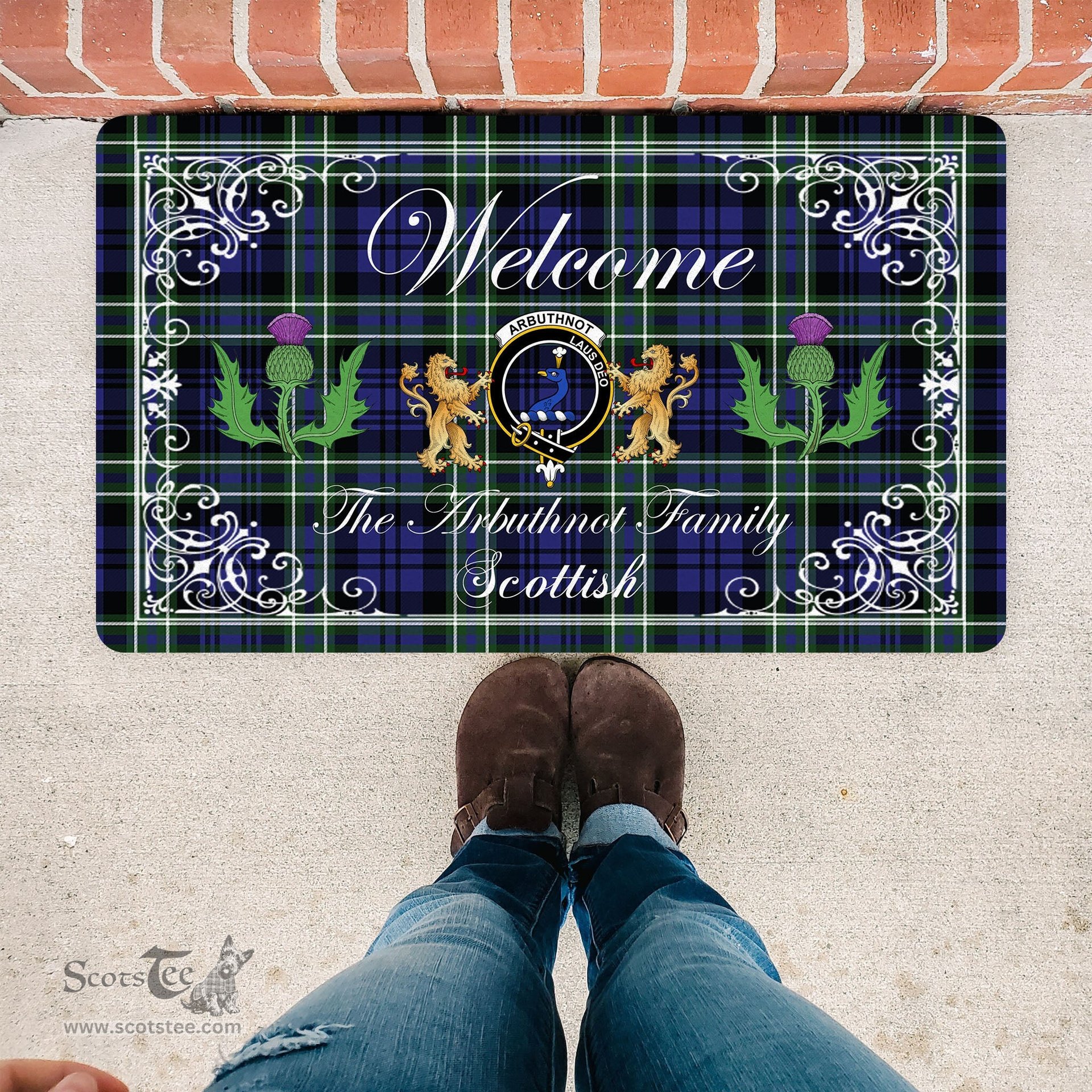 Personalized Doormat, Custom Door Mats, Welcome Mat Scottish Clan Arbuthnot Tartan Door Mat, Plaid Doormat With Thistle and Two Lion Scottish, Custom Welcome Mats, Personalized Door Mat